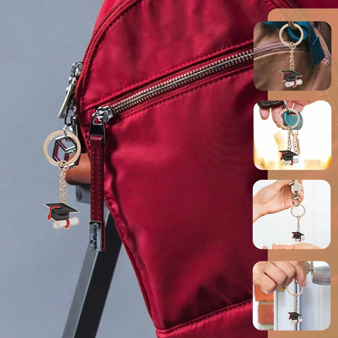 50 colgantes con dijes para fiestas de graduación, color rojo, birrete de graduación y birrete de doctorado.