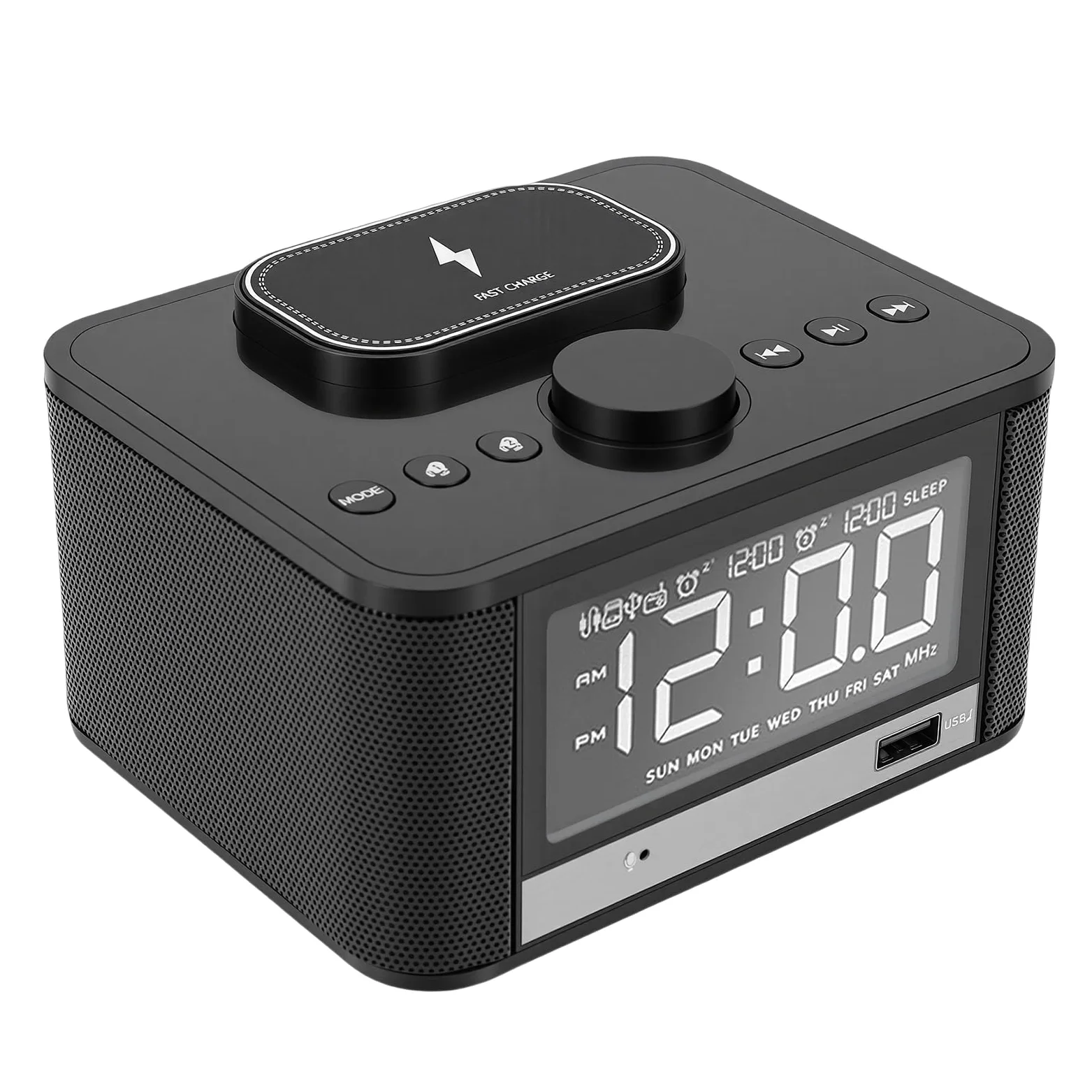 Goshyda Altavoz Bluetooth con Carga Inalámbrica, Radio Despertador para Dormitorios, Reloj Digital Regulable con Estación de Carga de Radio FM, Tarjeta de Memoria y Reproducción (Enchufe de la UE)