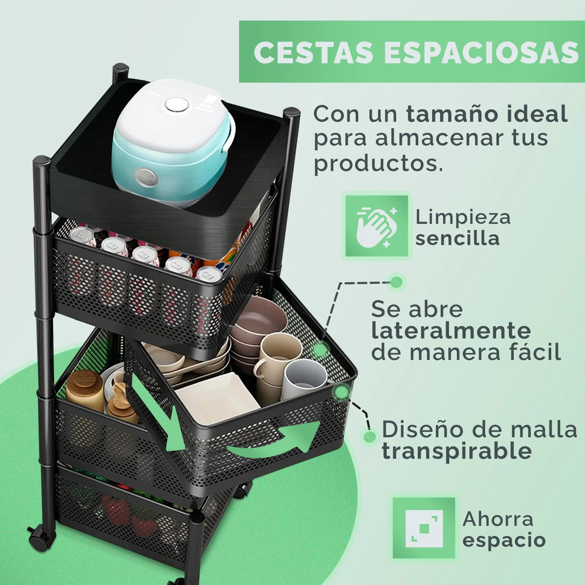 JUPPLIES Carrito Auxiliar con Ruedas - Cesta de Almacenamiento Ahorra Espacio 4 Niveles - Carrito Cocina Giratorio - Estante Cocina, Baño, Estante para Frutas y Verduras
