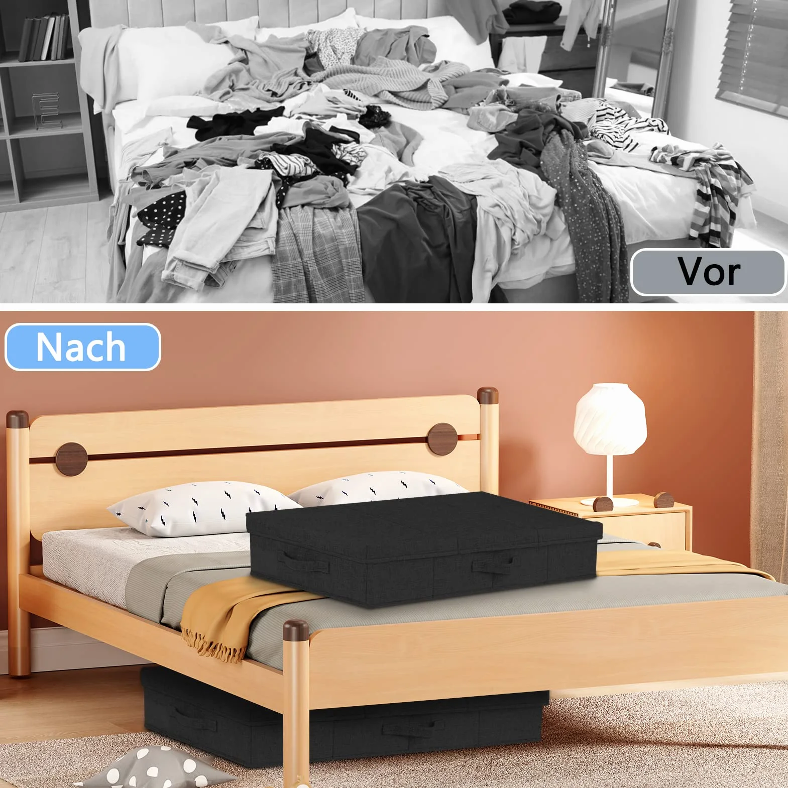 JUPELI 2 cajas de almacenamiento plegables debajo de la cama 15 cm negro con tapa y asa