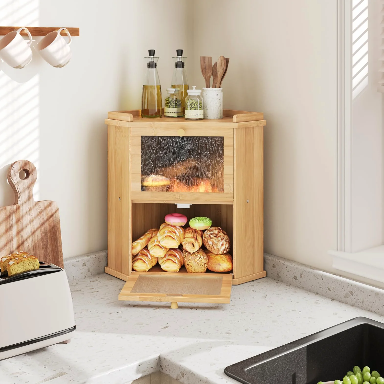 HOOBRO Panera, Caja para Pan de Bambú, Doble Nivel, con Compartimento Superior, para Cocina y Comedor, 32 x 32 x 44 cm, Natural EYL19MB01