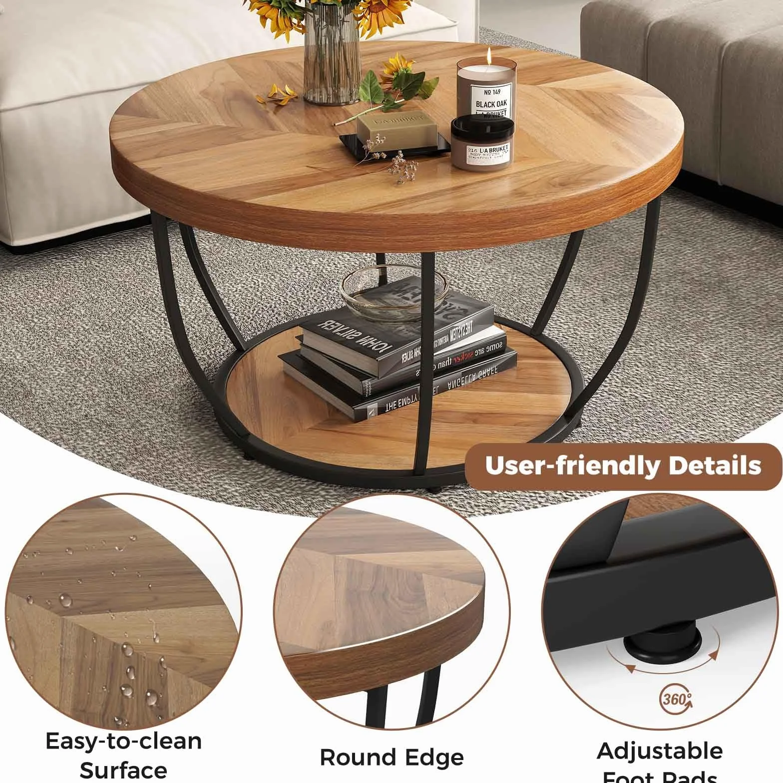 LIFEZEAL Mesa de Centro Redonda, Mesa de café de 2 Niveles con Estructura de Metal, Mueble de sofá para salón, 80 x 80 cm, Estilo Industrial (Natural)