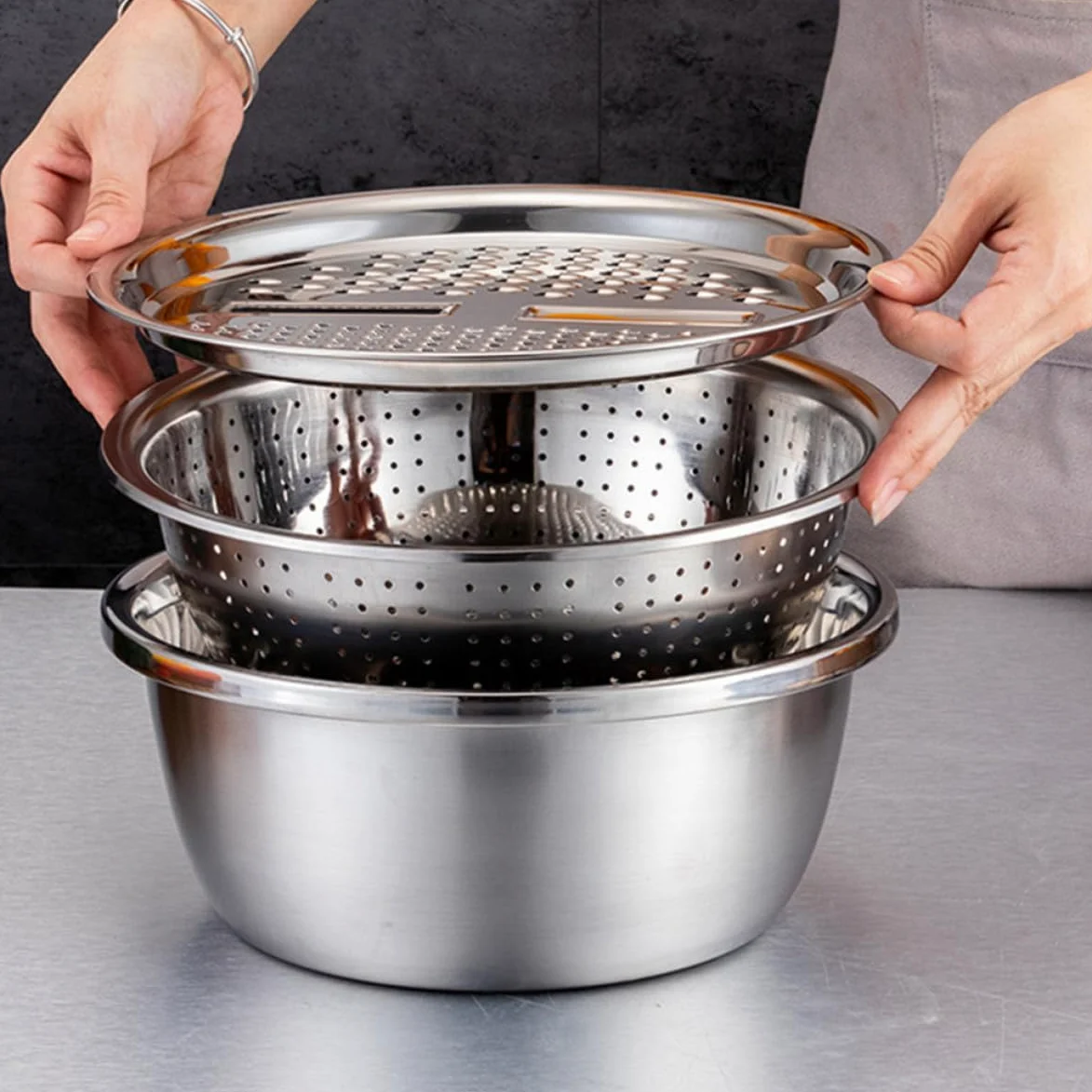 Juego de Coladores de Acero Inoxidable 3 Piezas con Borde Grueso | Plata, Lavado y Cocina Doméstica, Cuenco para Cortar Verduras con Gran Reborde