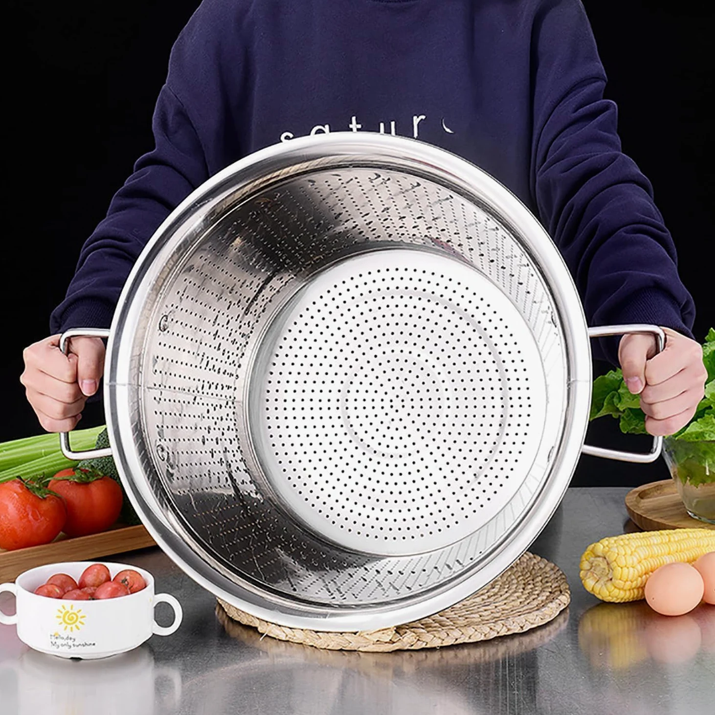 Cesta coladora de verduras, cesta de drenaje de acero inoxidable con asas dobles para escurrir pasta, fideos y lavar verduras, frutas, arroz