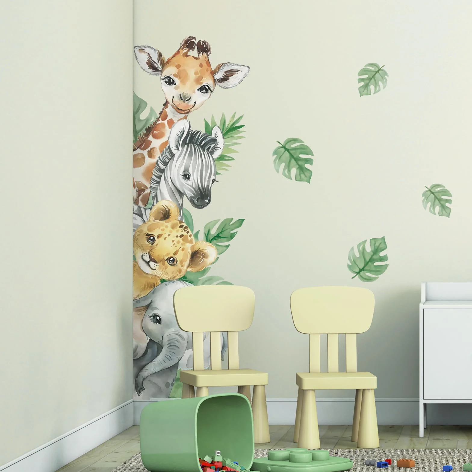 Pegatinas de Pared Animales de la Jungla Jirafa Cebra Hojas Verdes Vinilos Decorativos para Bebé Habitación Guardería