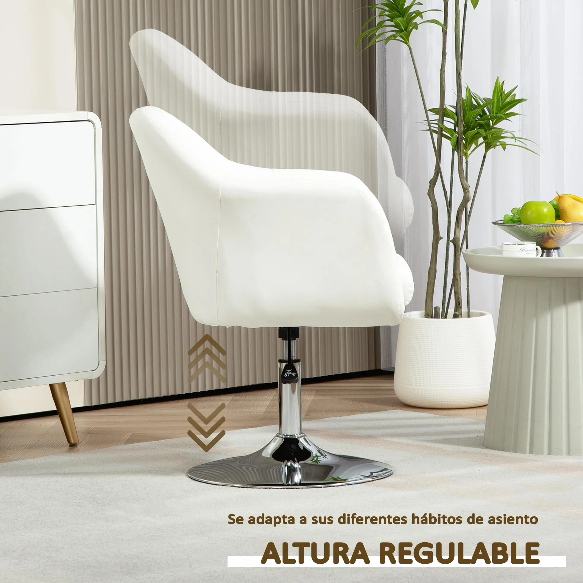 HOMCOM Butaca de Dormitorio Moderna Giratoria Tapizada en PU Con Altura Ajustable, Reposabrazos y Cojín Para Salón y Sala de Estar - Blanco