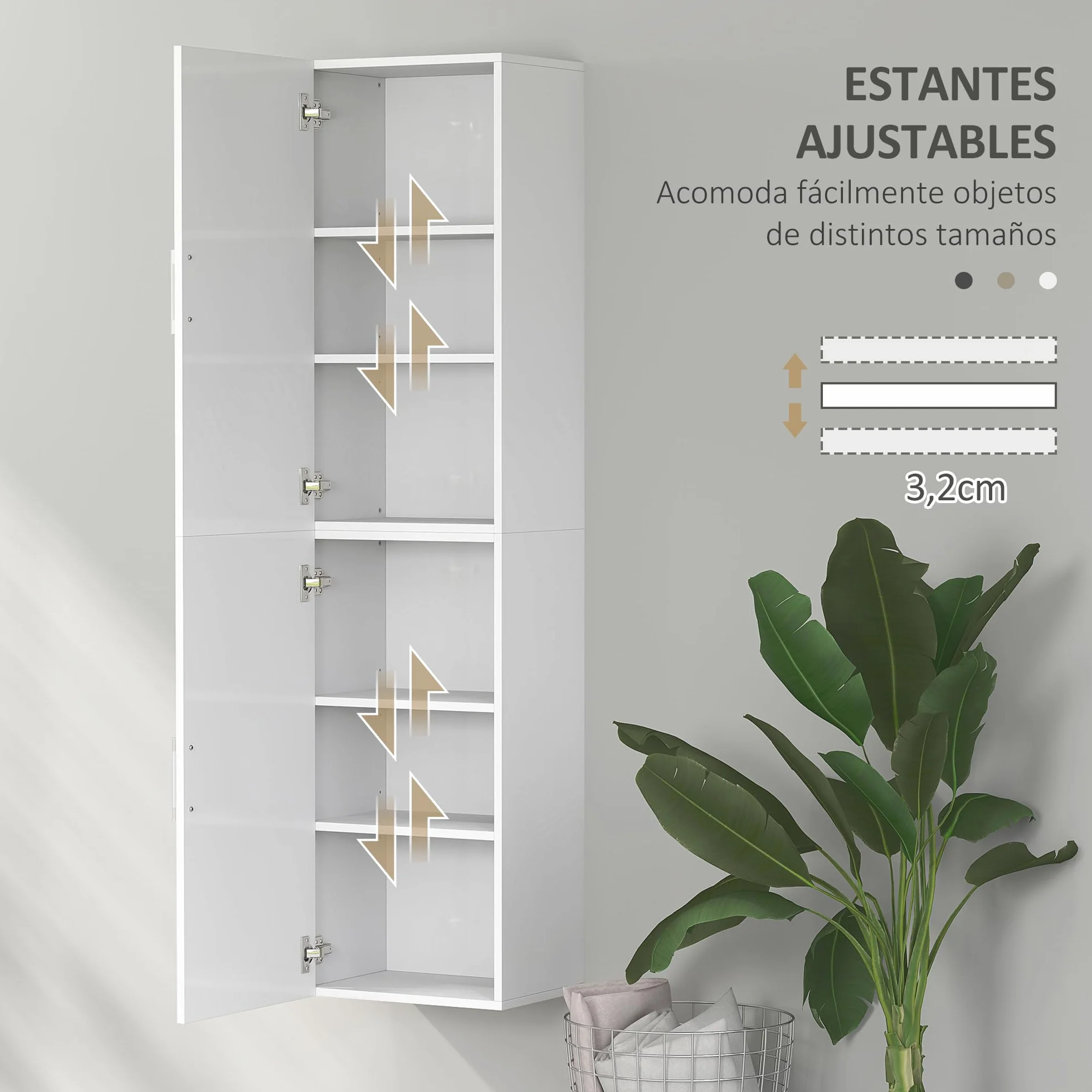 HOMCOM Armario de Baño de Pared Columna de Baño Estrecho con Estantes Ajustables y 2 Puertas Mueble de Baño Moderno para Espacio Pequeño 40x30x160 cm Blanco Brillo