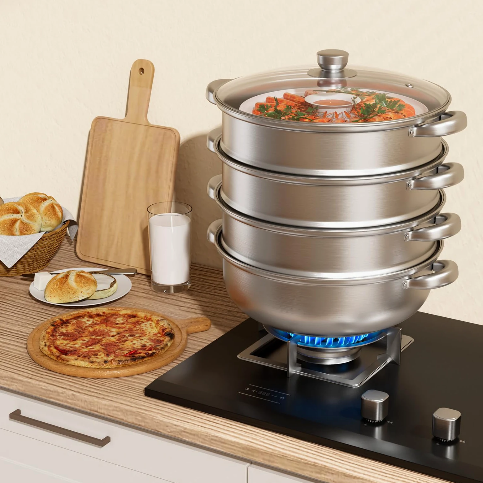 Vaporera para cocinar al vapor, de acero inoxidable de 28 cm, con bandeja de vapor, 3/4/5 niveles con tapa para cocinar verduras, mariscos, sopas, guisos y pasta (cuatro)