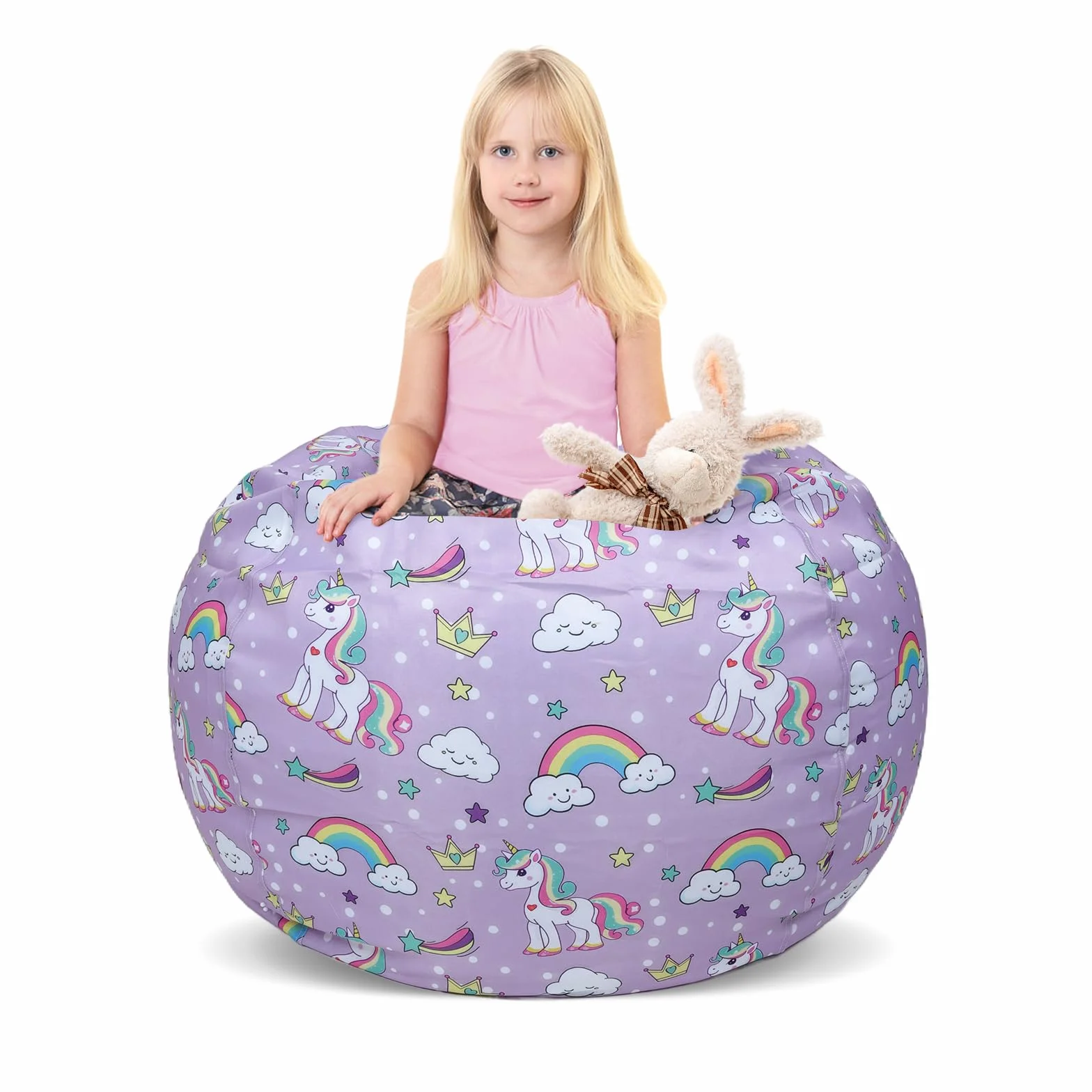 decalsweet Unicornio Grande Bolsa Puff para Guardar Juguetes para Niñas, Bolsa de Frijoles Cubierta de Silla en Interiores y Exteriores (Sin Relleno), Rosa