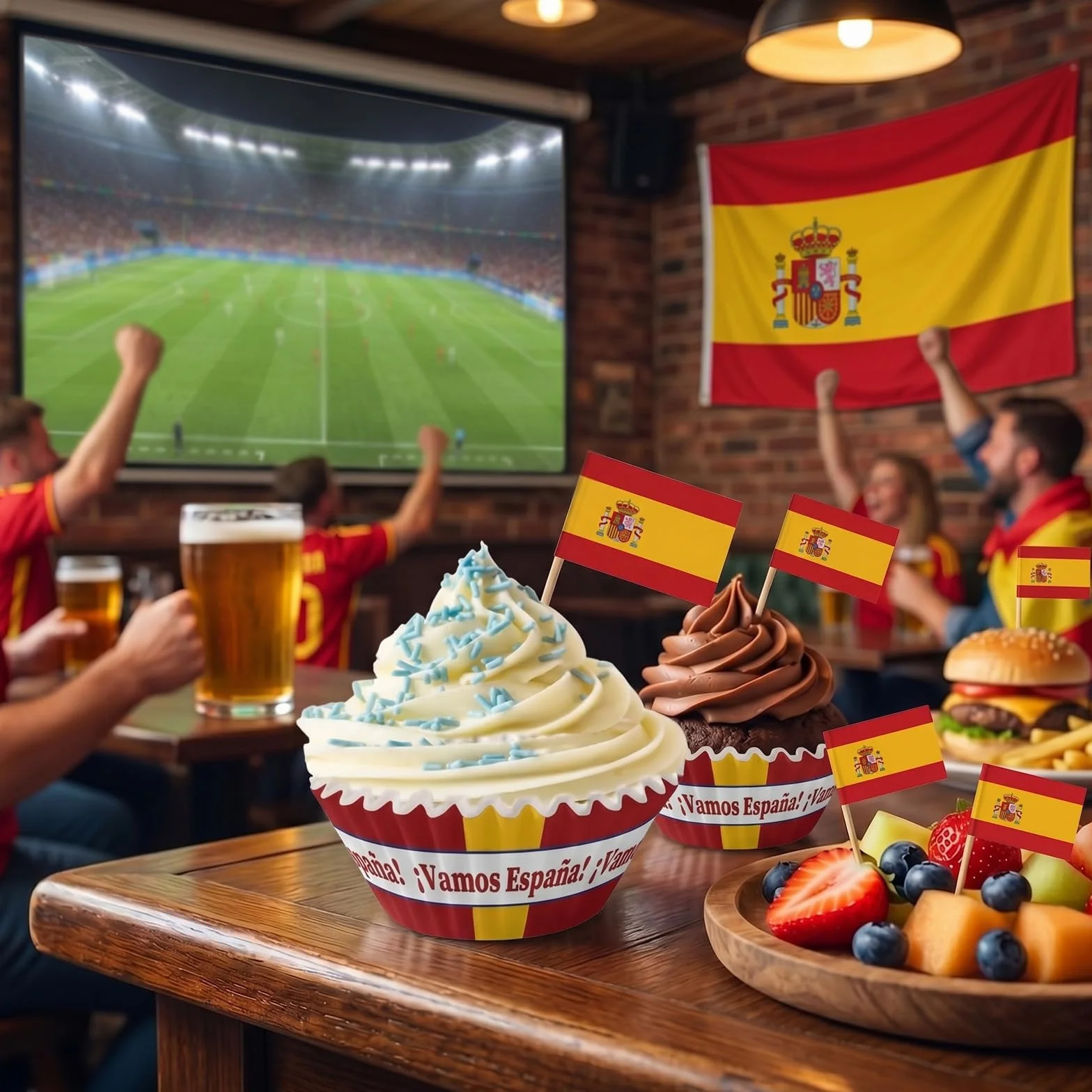 YESAH Decoraciones Fútbol para el Mundial 2026,100P Mundial España Banderas de Palillo,100 Moldes Cupcake Bandera Española para Toppers Pastel,Cápsulas Magdalenas,Fiesta Fan, ¡Vamos España!