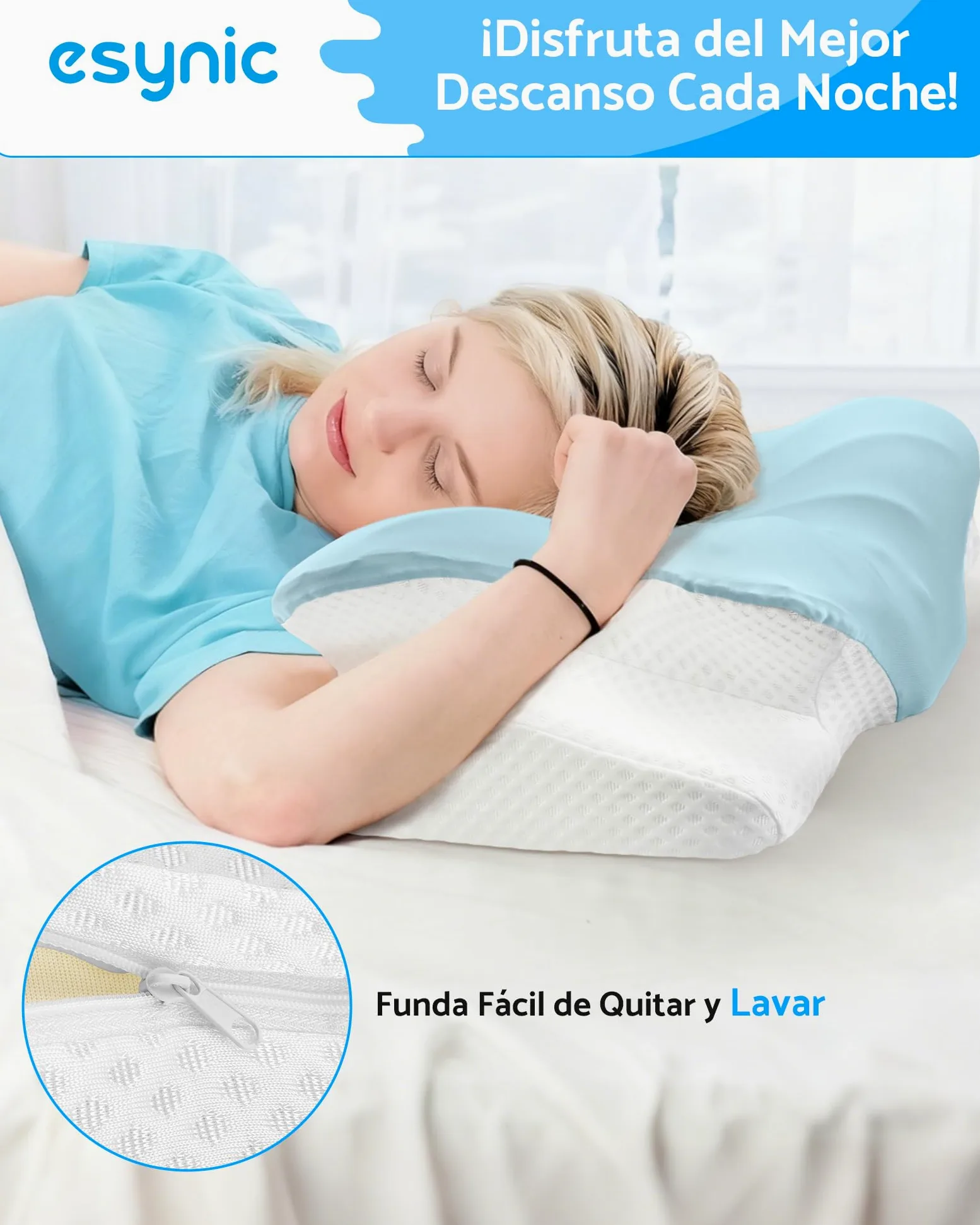 eSynic Almohada Viscoelástica Ergonómica para Cuello y Cervical Cojín Ortopédico de Espuma de Memoria con Doble Altura 11/13 cm Almohada para Dormir de Lado y Boca Arriba Funda Transpirable y Lavable