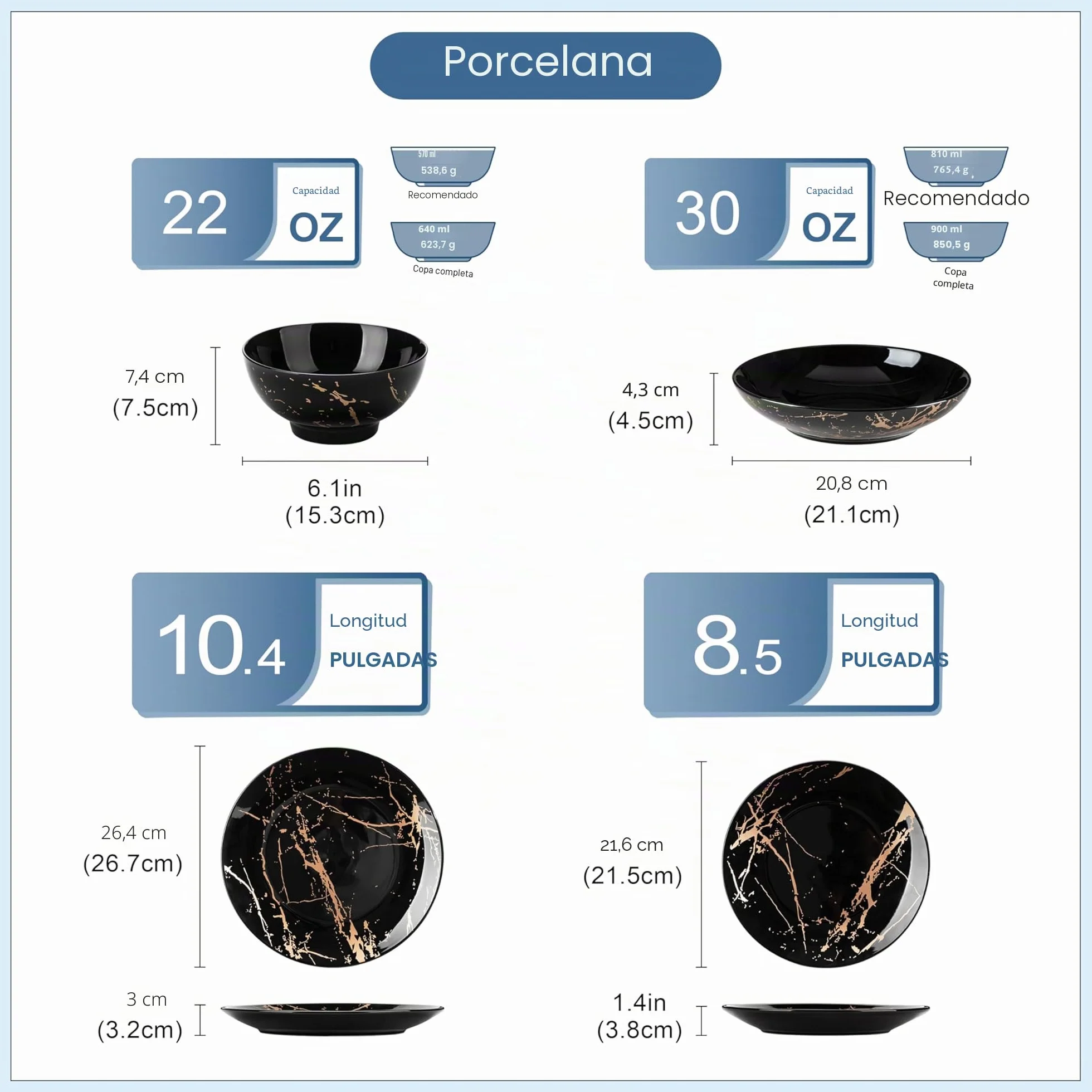 LOVECASA Daphne - Vajillas Completas para 6 Personas, 24 Piezas, Juego de Platos Vajilla Moderna de Porcelana - Cuencos, Platos de Postre, Llanos y Hondos - Diseño Negro y Dorado