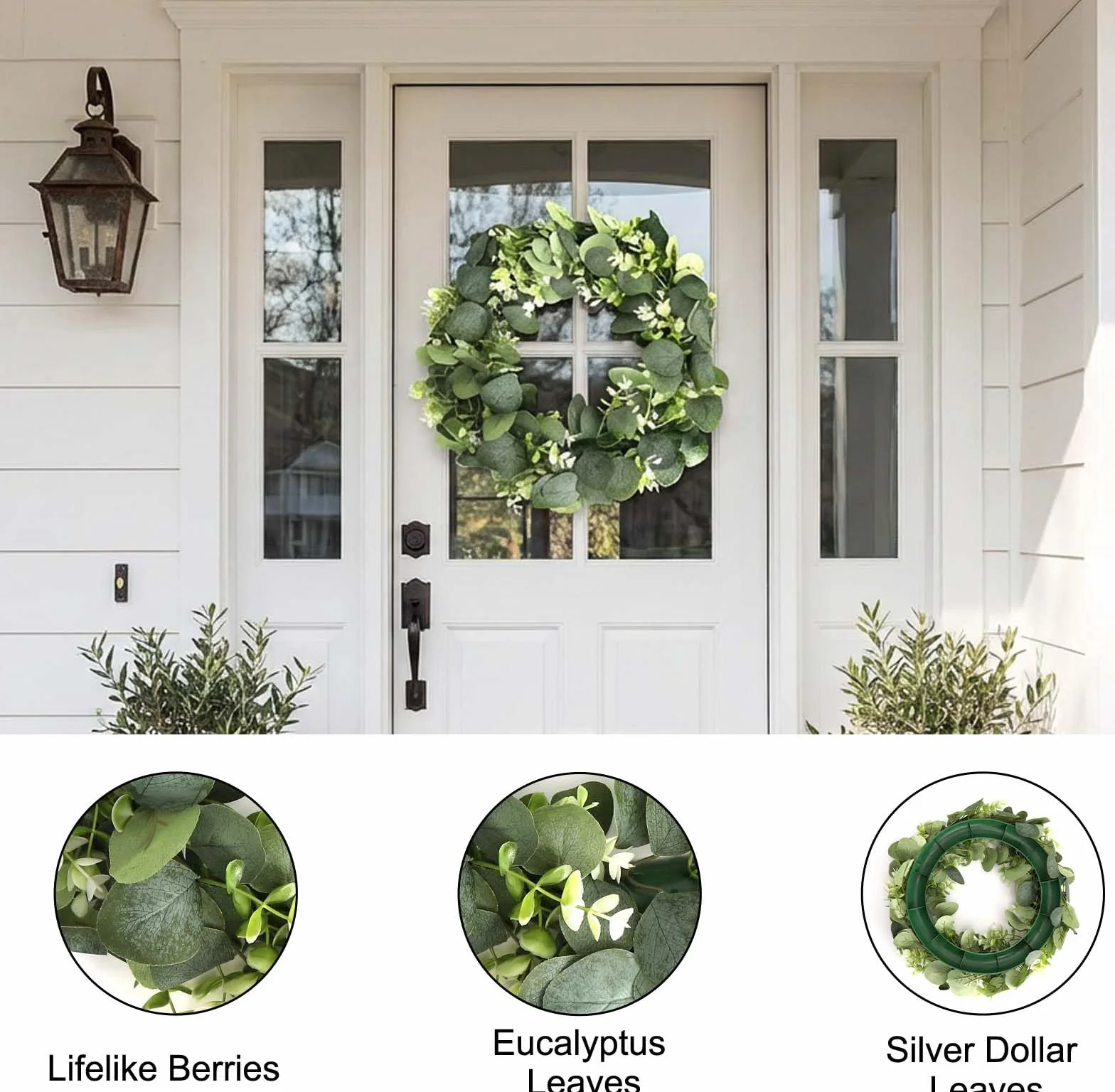 Corona de Eucalipto y Bayas de 30 cm en PE Premium Corona de Puerta Resistente a la Intemperie para Todo el Año, Decoración para Exteriores de Entrada, Jardín y Exteriores