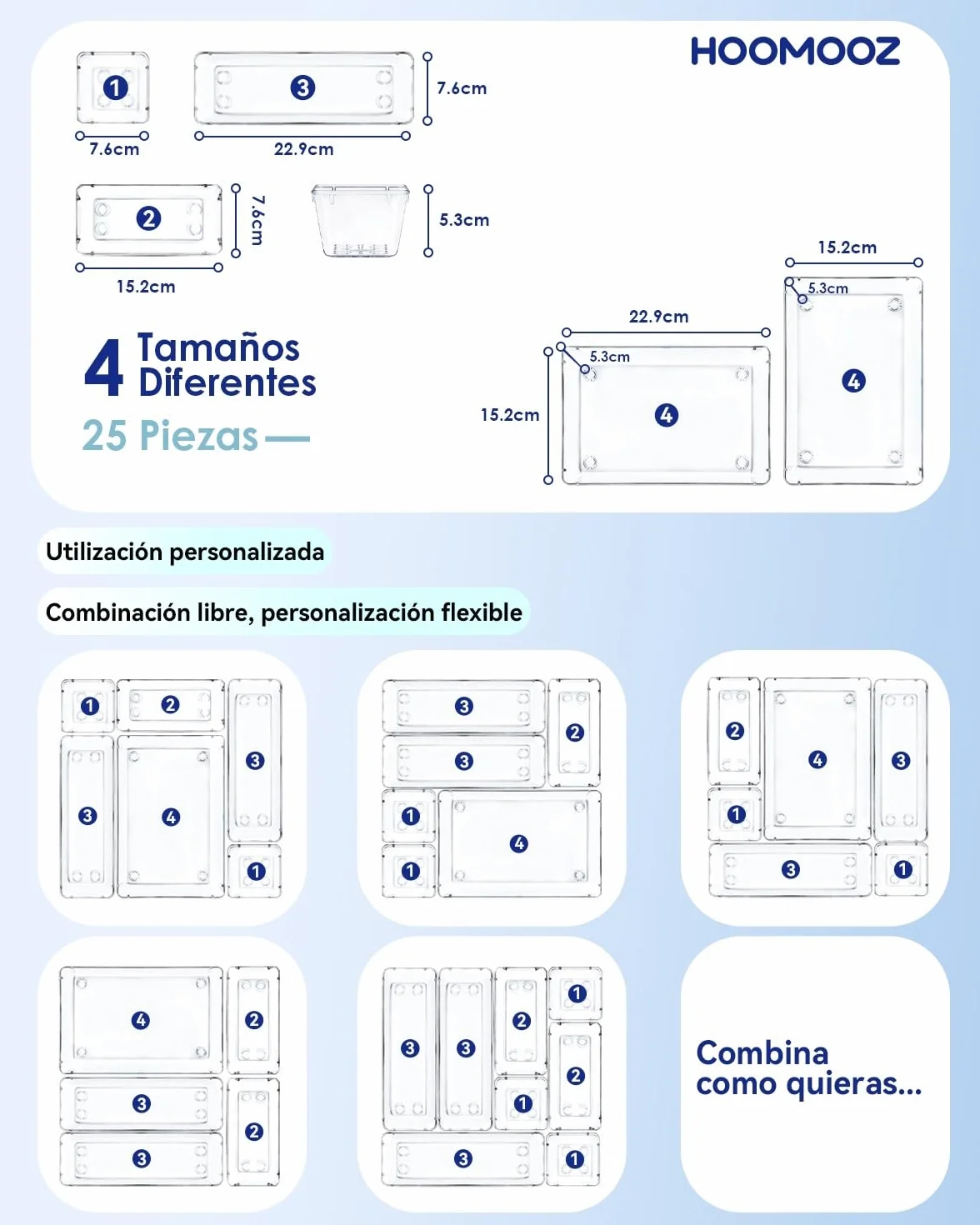 Organizadores de Cajones Set de 25, Separadores de Cajones de Escritorio Plástico, Bandejas de Almacenaje para Maquillaje, Joyas, Tools, Cocina, Dormitorio, Baño, Oficina