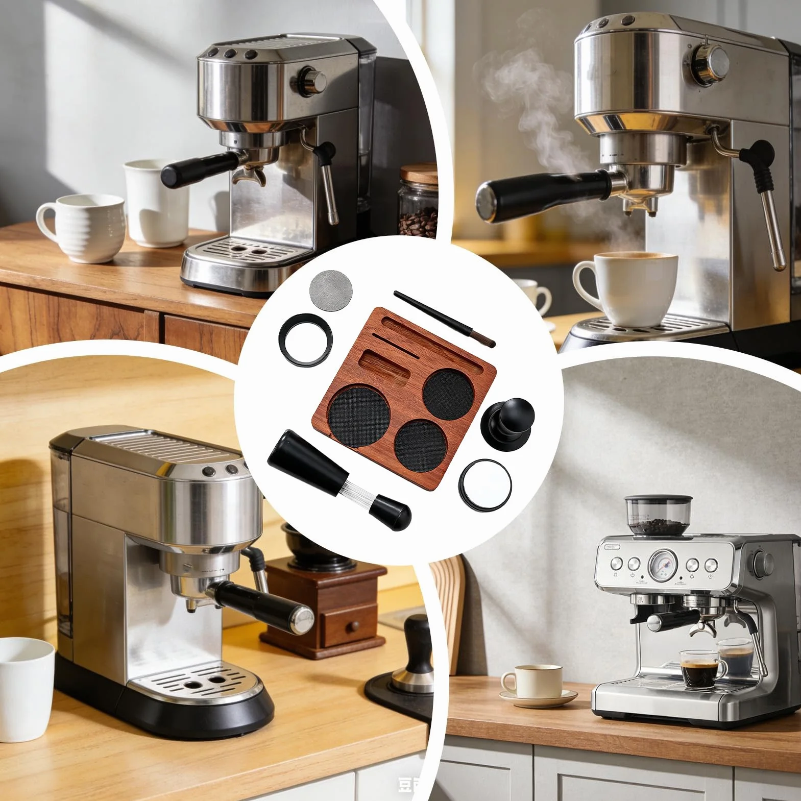 Kit de accesorios para espresso 7 piezas, juego de manipulación de café de 51 mm/58 mm con herramienta WDTde manipulación de café, embudo dosificador, cepillo de pantalla, estación de apisonamiento