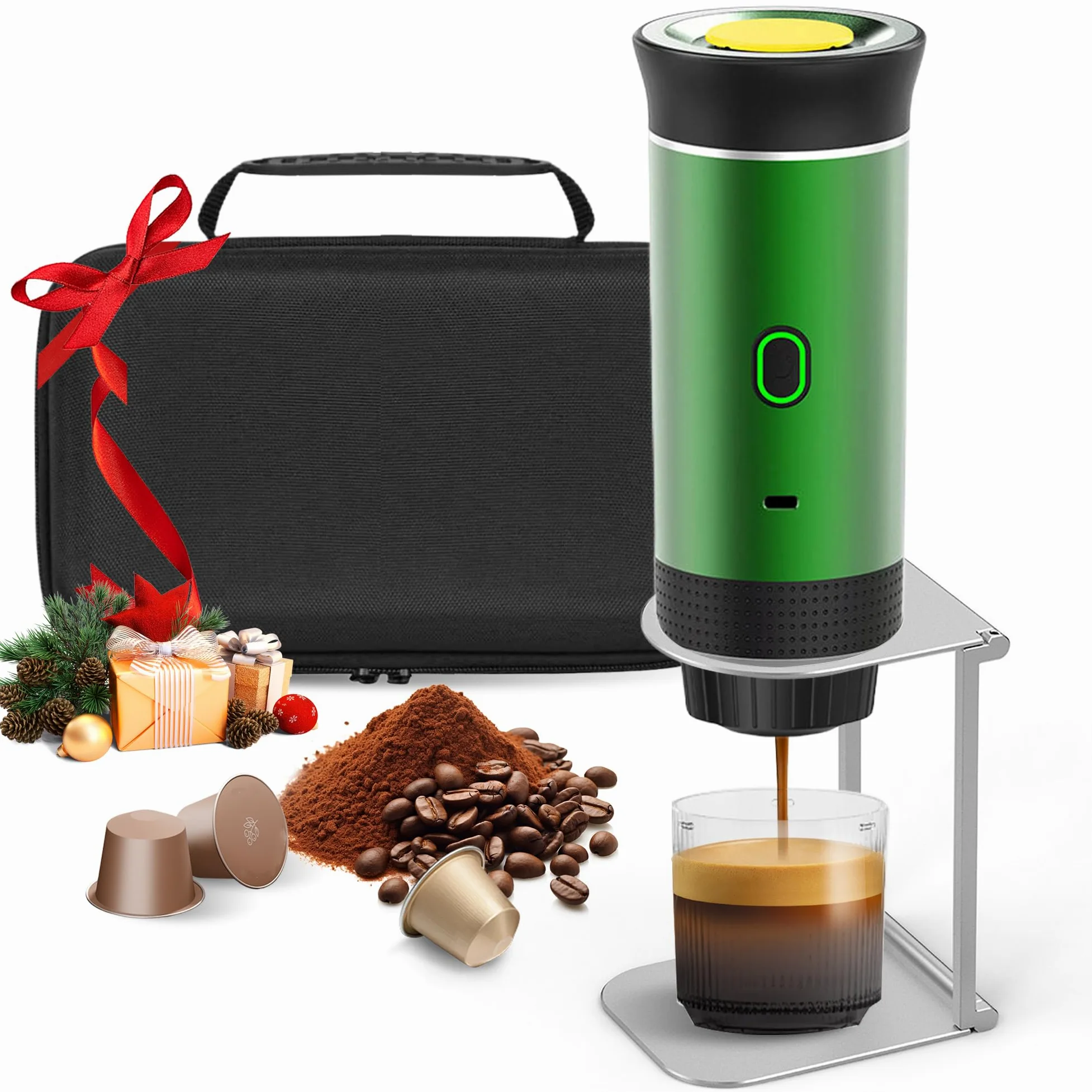 Bostar Máquina de Café Portátil con Bolsa de Transporte/Soporte de Café Plegable, 3 en 1 Cafetera Espresso Eléctrica Portátil (Verde)