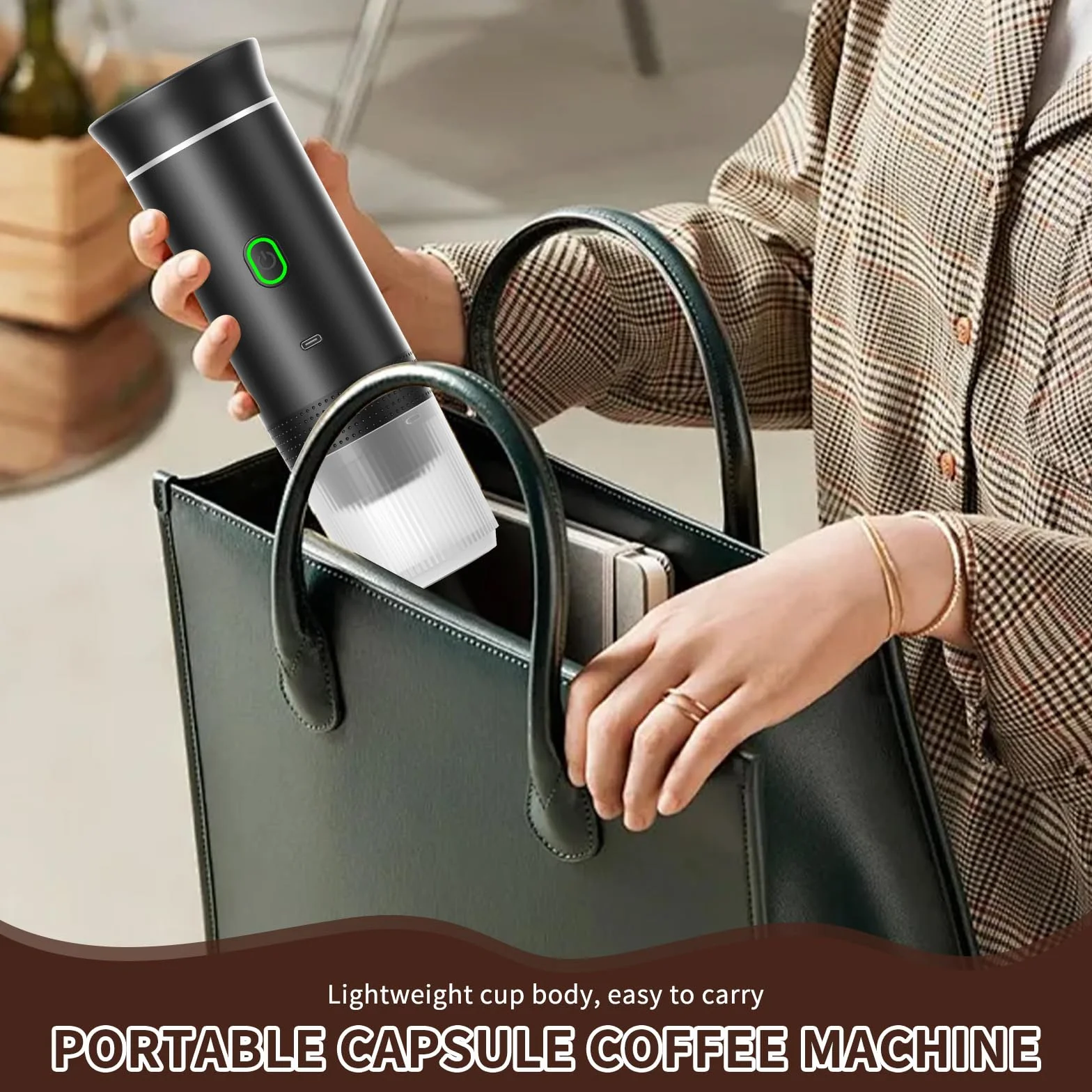 PZCC Cafetera Portatil, Cafetera Portátil Cápsula de Espresso 3 en 1, Autocalentamiento de 2a6 Minutos, Para Cápsulas Pequeñas o Grandes y Café Molido,Cafetera Portátil para Oficina y Hogar (Negro)
