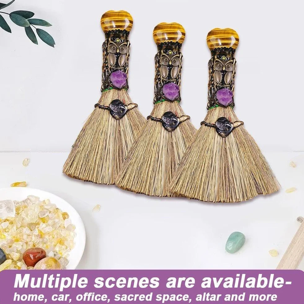 Mini Escoba de Altar de Bruja de Cristal Natural - Pequeño Palo Hecho a Mano para Ritual Wicca - Decoración de Halloween para Hogar y Coche