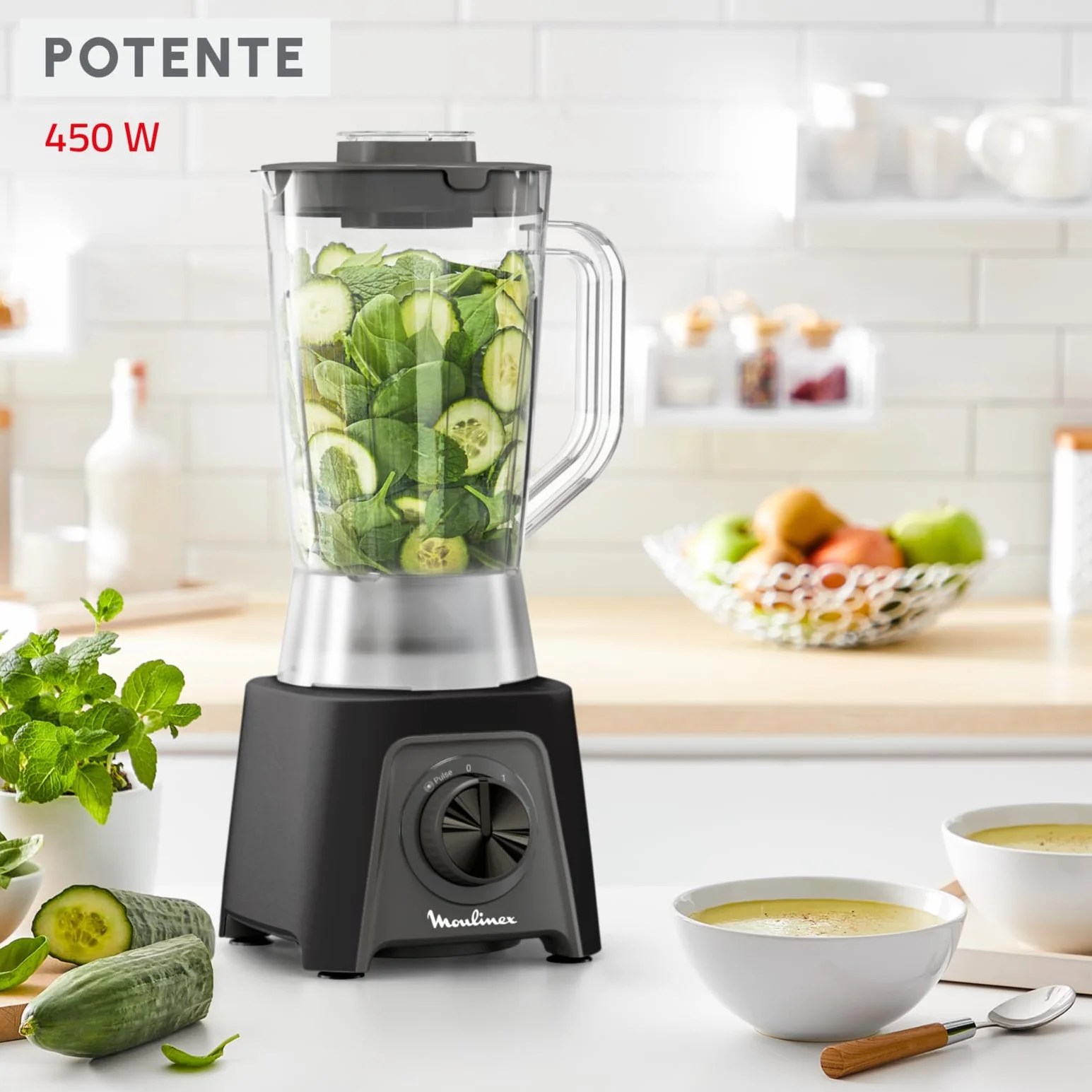 Moulinex Blendeo+ Batidora de vaso 450W 1,5L 2 velocidades Pulse Pica hielo Cuchillas extraíbles Gris