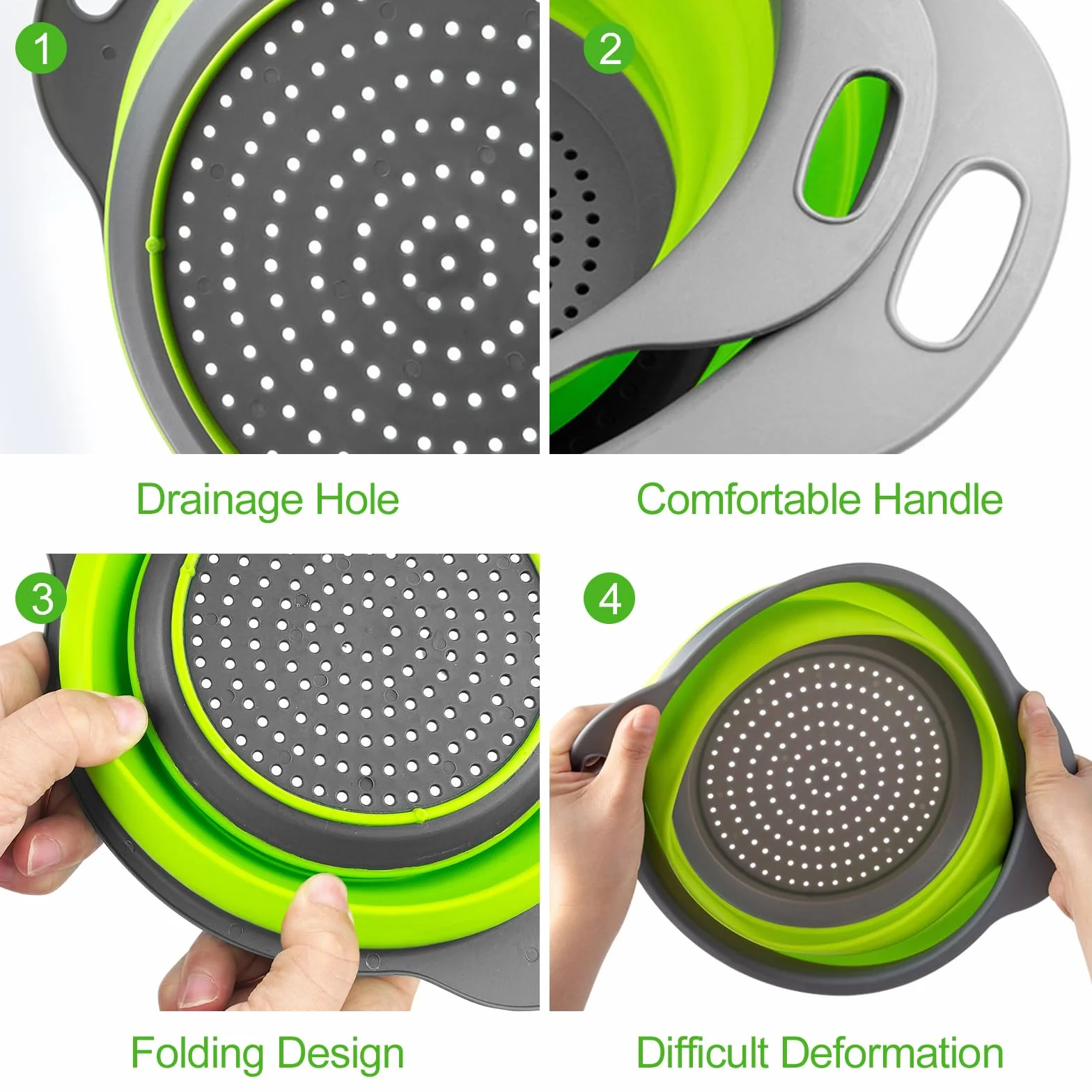 Newpop 2 Piezas Colador de Cocina, 2 Tamaños Escurridor Plegable, Colador Plegable Silicona, Fácil de Limpiar Escurridor de Verduras para Escurrir Pasta, Frutas, Verduras (Verde 25+29Cm)