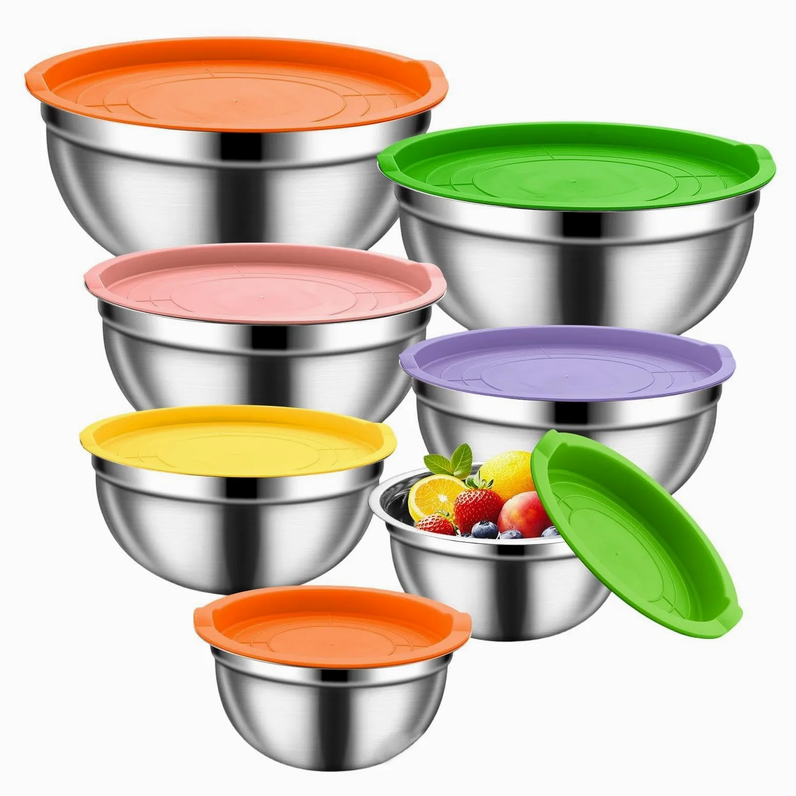 Bol para Mezclar con Tapa Herméticas de Acero Inoxidable, Juego Apilable | Ideales para preparar y conservar alimentos en el frigorífico para Cereales, Snacks, Huevos, Aderezos, Verduras, Masa y F