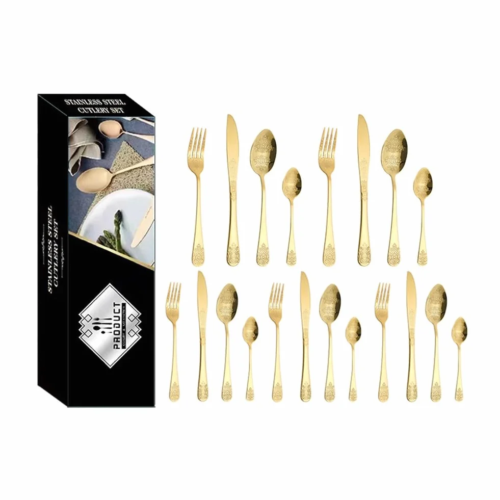 Cuberterías Juego De Cubiertos De Acero Inoxidable Dorado, Juego De Cubiertos Con Cuchillo/Tenedor/Cuchara Con Patrones, Juego De Cubiertos Para Carne De Estilo Occidental, Para Cocinas Y Restaurantes