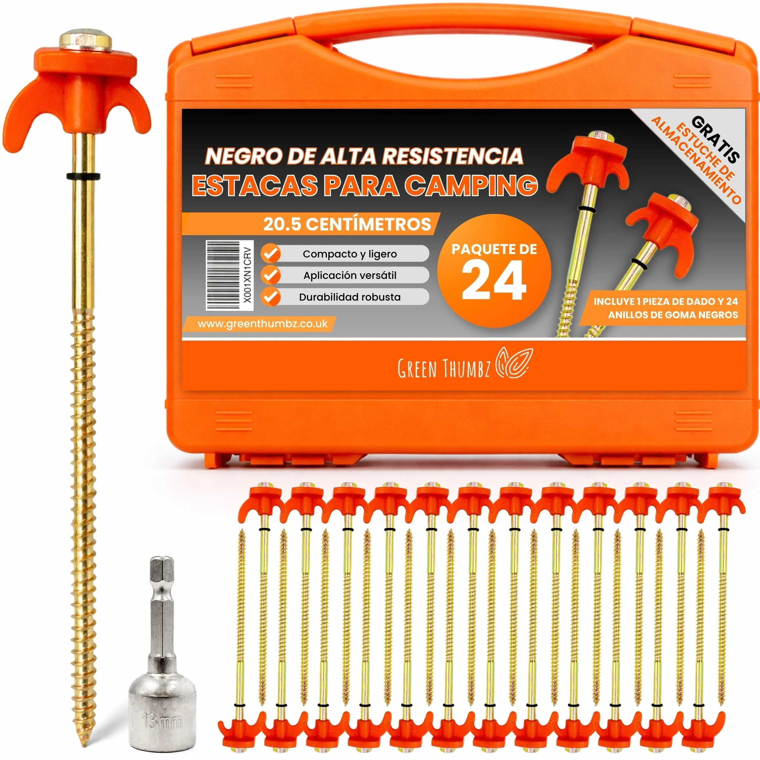 Piquetas Camping Suelo Duro 20,5cm 24 Unidades Naranja Clavijas Tornillo para Tiendas