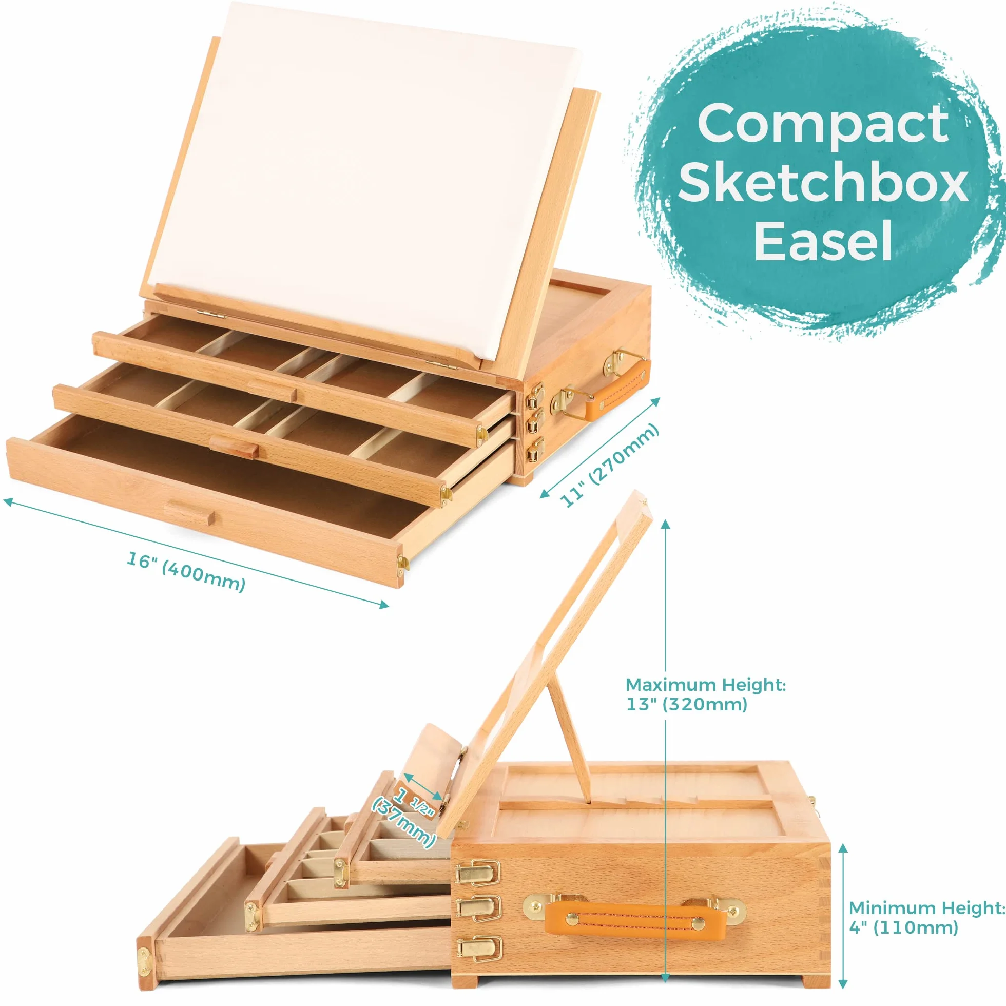 VISWIN Caballete grande ajustable con 3 cajones, caballete de mesa portátil de madera de haya para artistas, caballete de mesa para pintores adultos, artistas