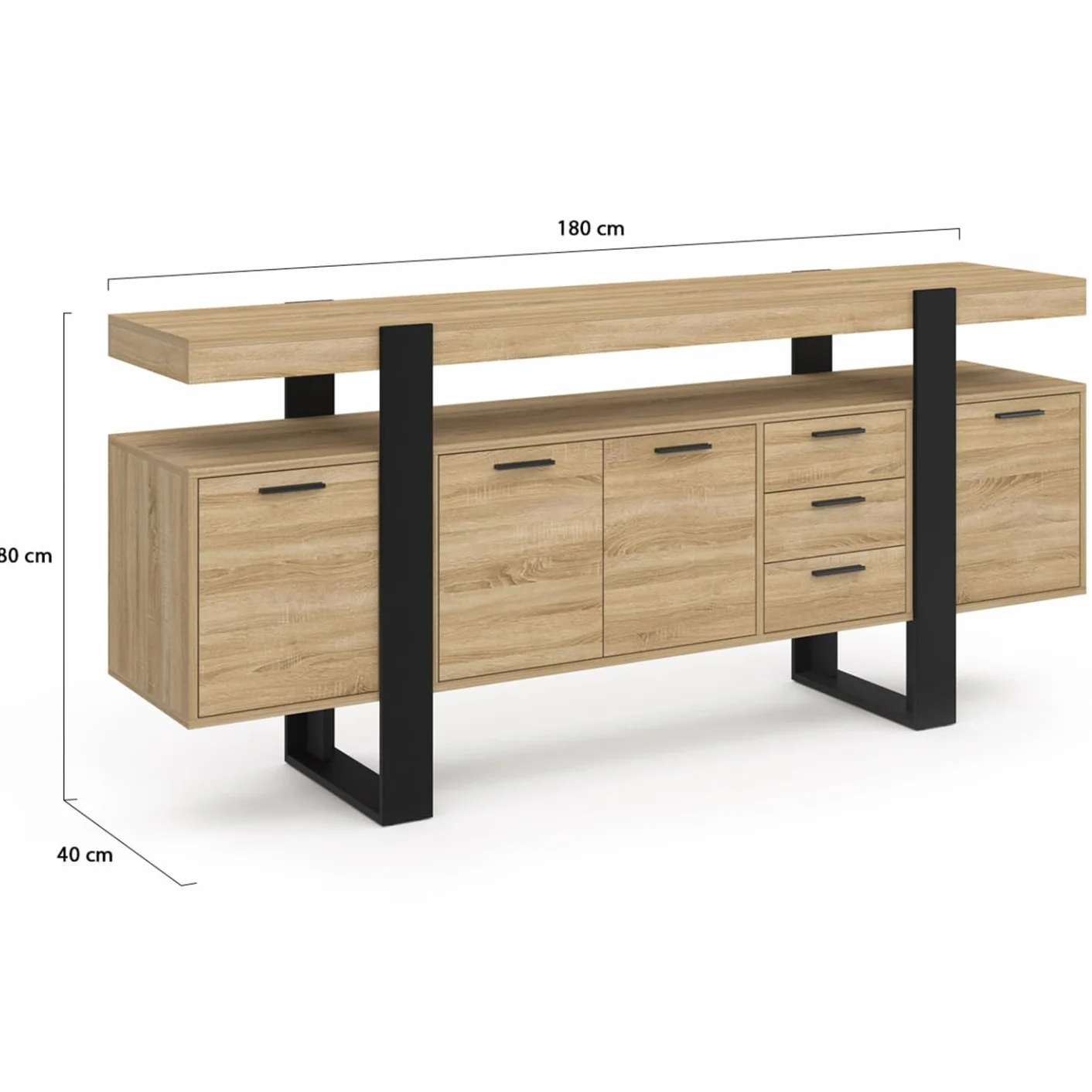 IDMarket Phoenix XXL - Aparador (180 cm, 4 puertas y 3 cajones, madera y negro), color negro