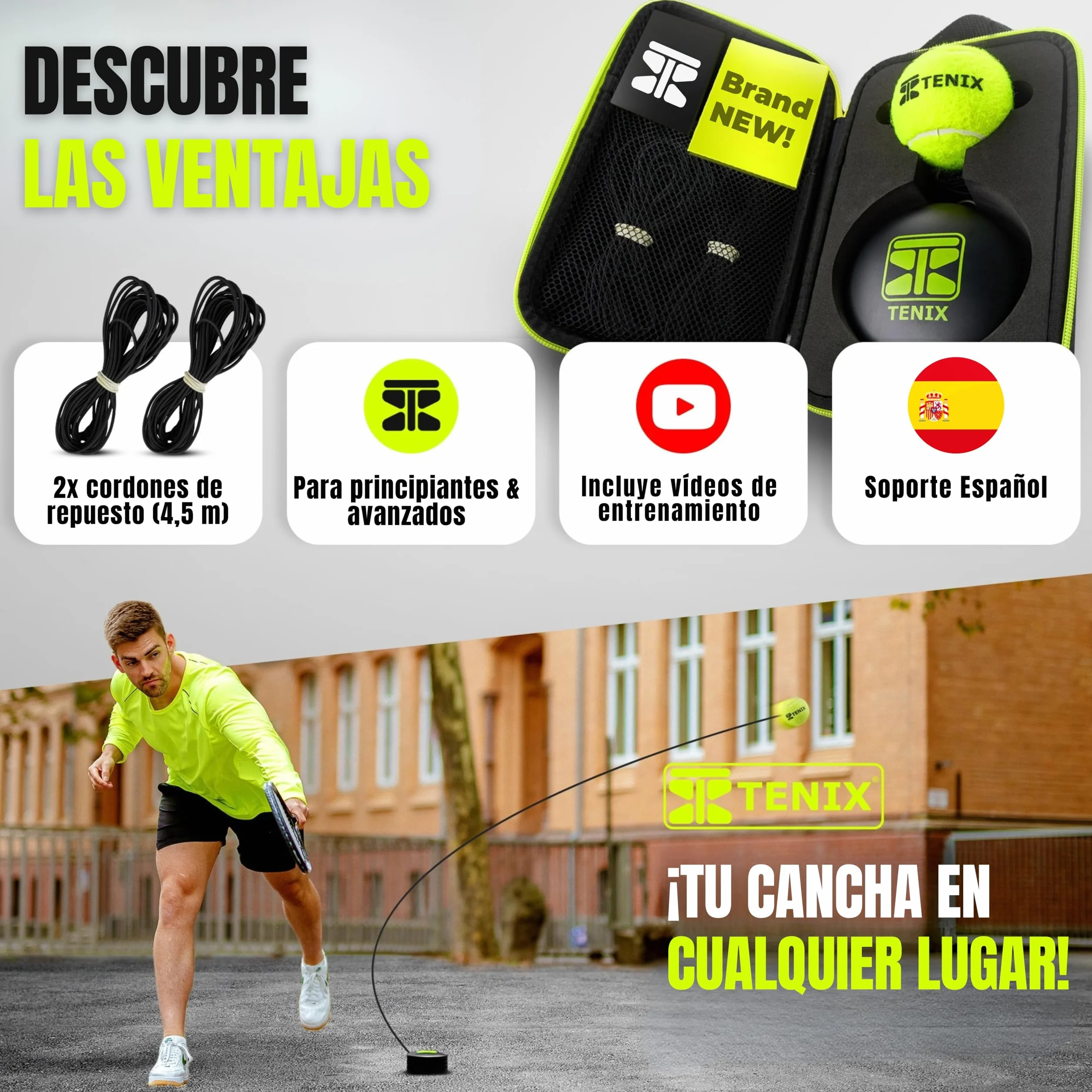 TENIX® Entrenador Padel/Tennis [con Base de Acero Inoxidable] Juego Individual para niños y Adultos | Entrenamiento en el Patio, el Parque o la Pista | ¡Tu Entrenador, Siempre contigo!