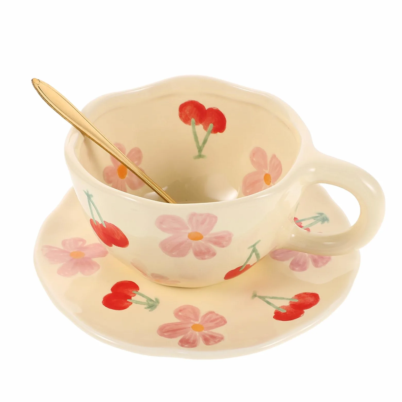 Juego de Taza de Café Adecuado para Reuniones Familiares y Descansos en Oficina de Cerámica Rosa con Platillo y Cuchara, Diseño Único Resistente que Previene Manchas