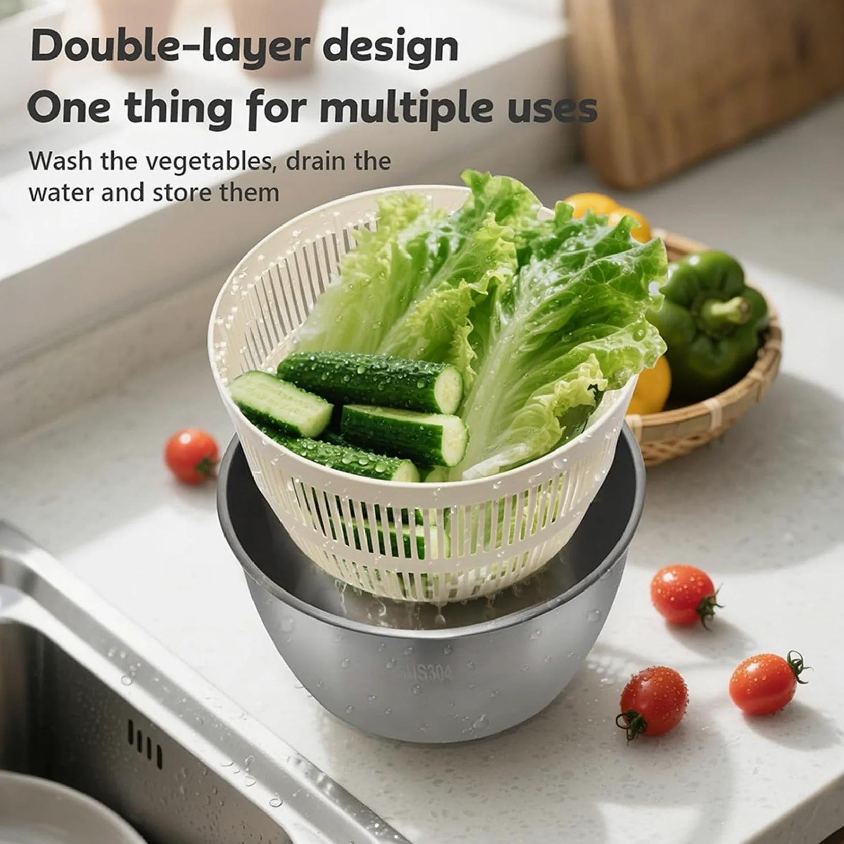 Centrifugadora de Lechuga de Acero Inoxidable con Tapa, Recipiente, Escurridor y Base Antideslizante. Manual Compacto con de Apertura Rápida.