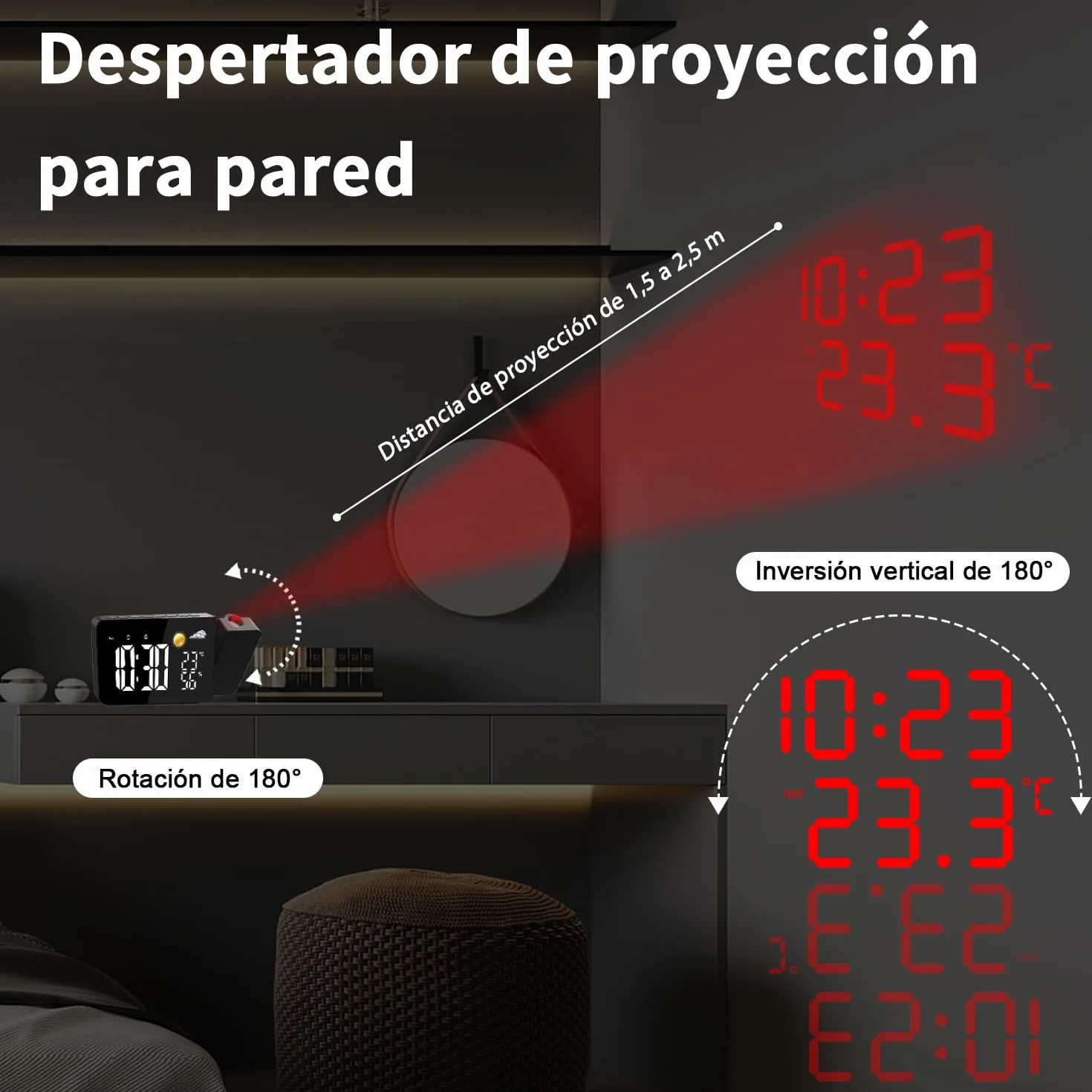 Uzoli EM3211A Despertador con proyector techo y pantalla LED, Previsión del tiempo 8h, Temperatura, Humedad, 2 Alarmas, Función de snooze, Proyección de 180°, 10 Tonos, Reloj ideal para casa u oficina