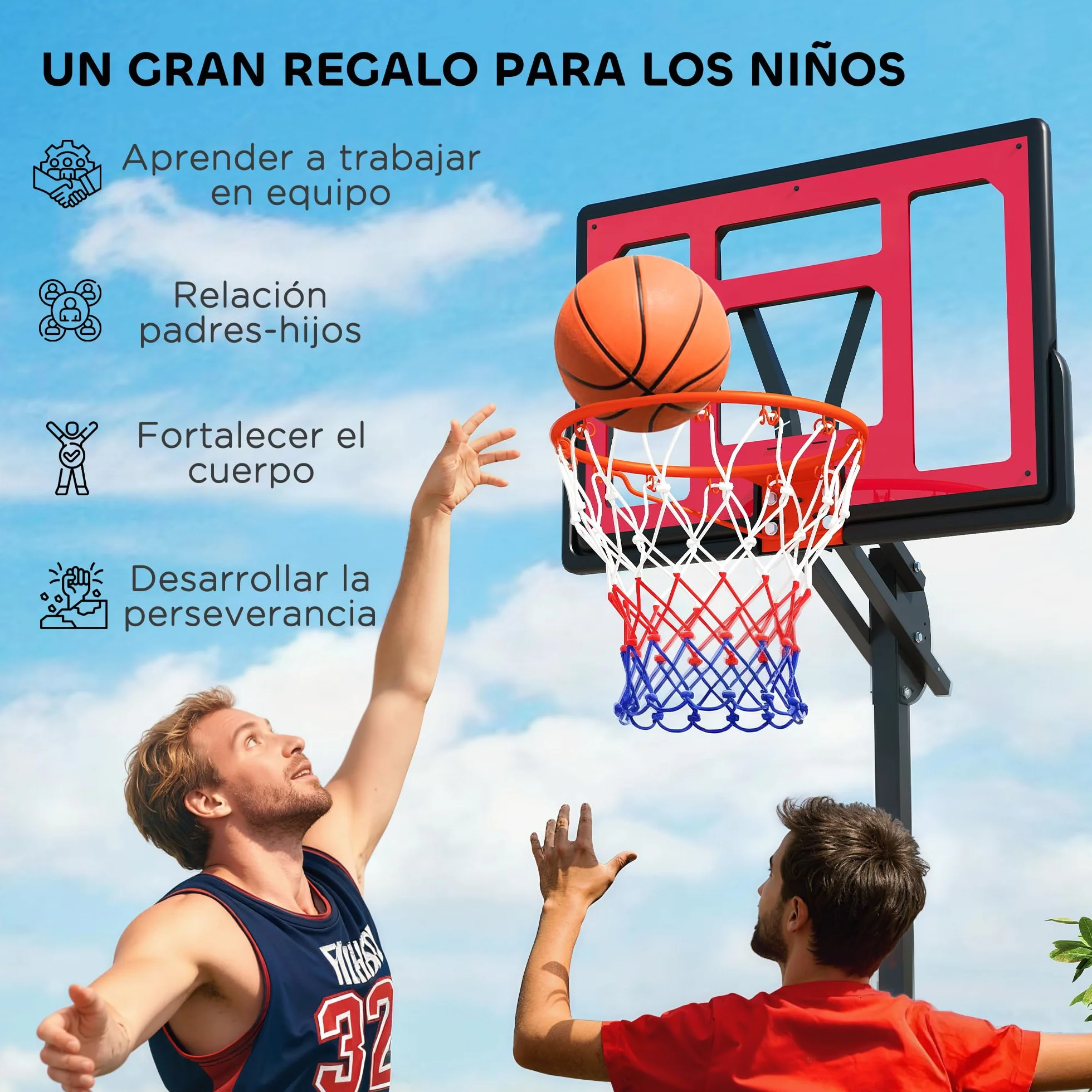AIYAPLAY Canasta de Baloncesto Portátil Altura Regulable 200-260 cm Base Rellenable con Ruedas Rojo y Negro