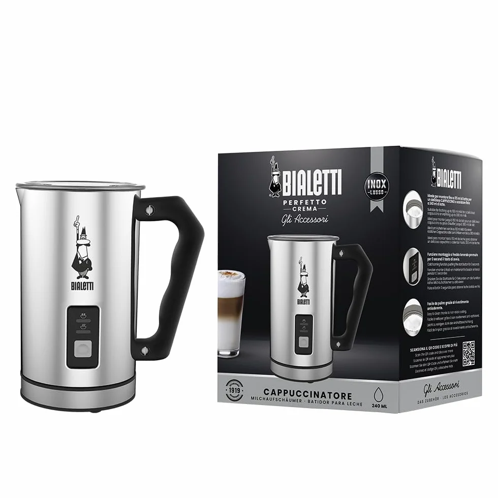 Bialetti 0004430 Eléctrico Leche Frother, 240 ml, 500 W, 1 carriba, Inoxidable Acero, Plata / Negro