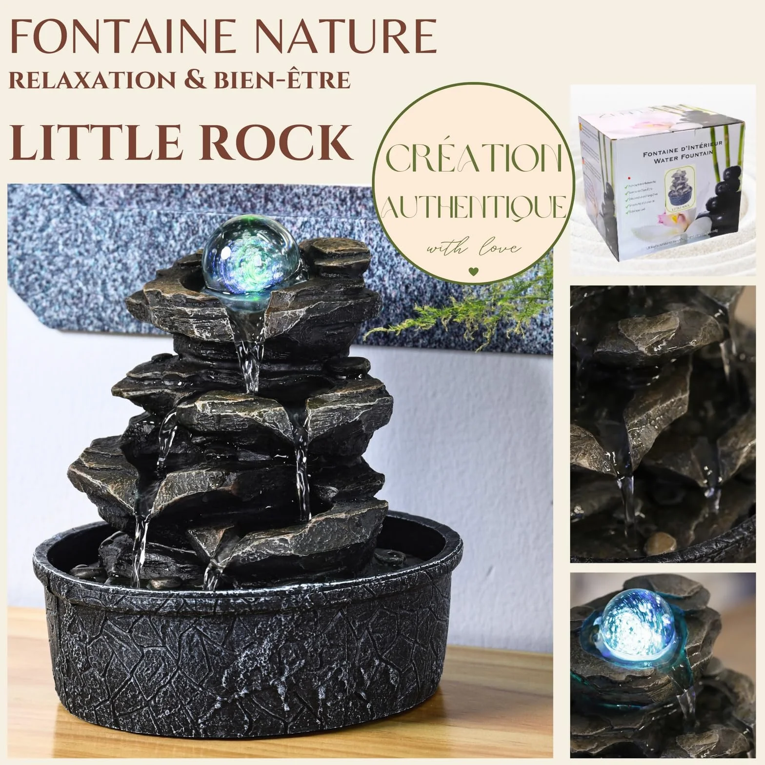 Fuente de poliresina ZenLight Little Rock, marrón oscuro, 20 x 20 x 23 cm