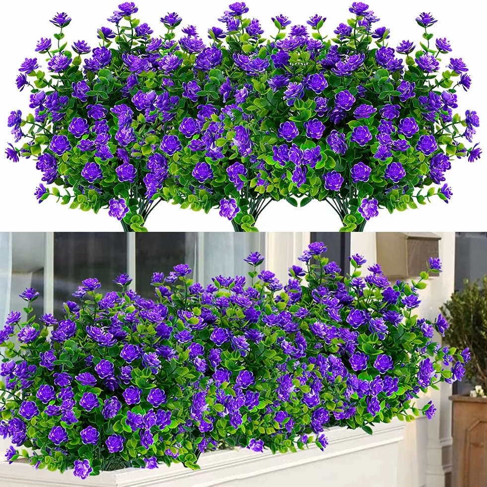 12 paquetes de flores artificiales para exteriores, resistentes a los rayos UV, plantas de boj falsas, vegetación sintética para interiores y exteriores, plantas colgantes de jardín, porche,