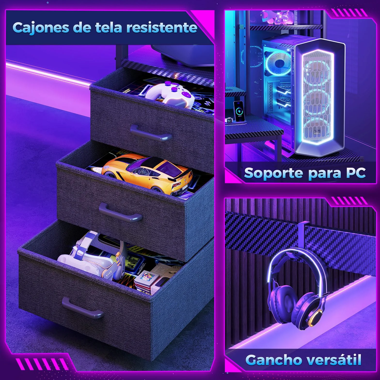 Coleshome Escritorio Gaming con Estanteria y Cajones, 137x48cm Mesa Gaming con Iluminación LED & Toma de Corriente, Escritorios para PC con Repisas de Almacenamiento, Negro Fibra de Carbono