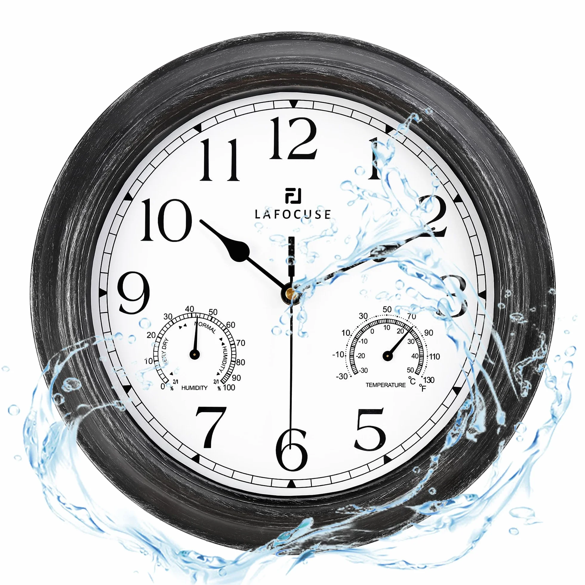 Lafocuse 30cm Reloj de Pared Exteriores Impermeable con Termómetro e Higrómetro, Vintage Reloj Negro Rustico Retro, Silencioso Clasico Decoracion para Exterior, Jardín, Balcón, Piscina, Baño, Cocina