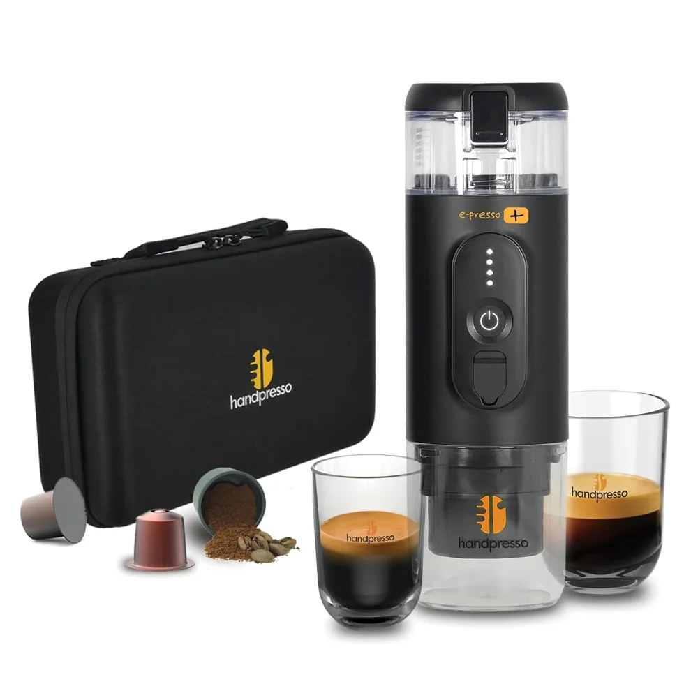 Handpresso Set E-Presso+ 21712 | Cafetera portátil alto rendimiento en su maleta con batería recargable por USB/tanche gran capacidad (80ml) | cafetera viaje para cápsulas de espresso o café molido