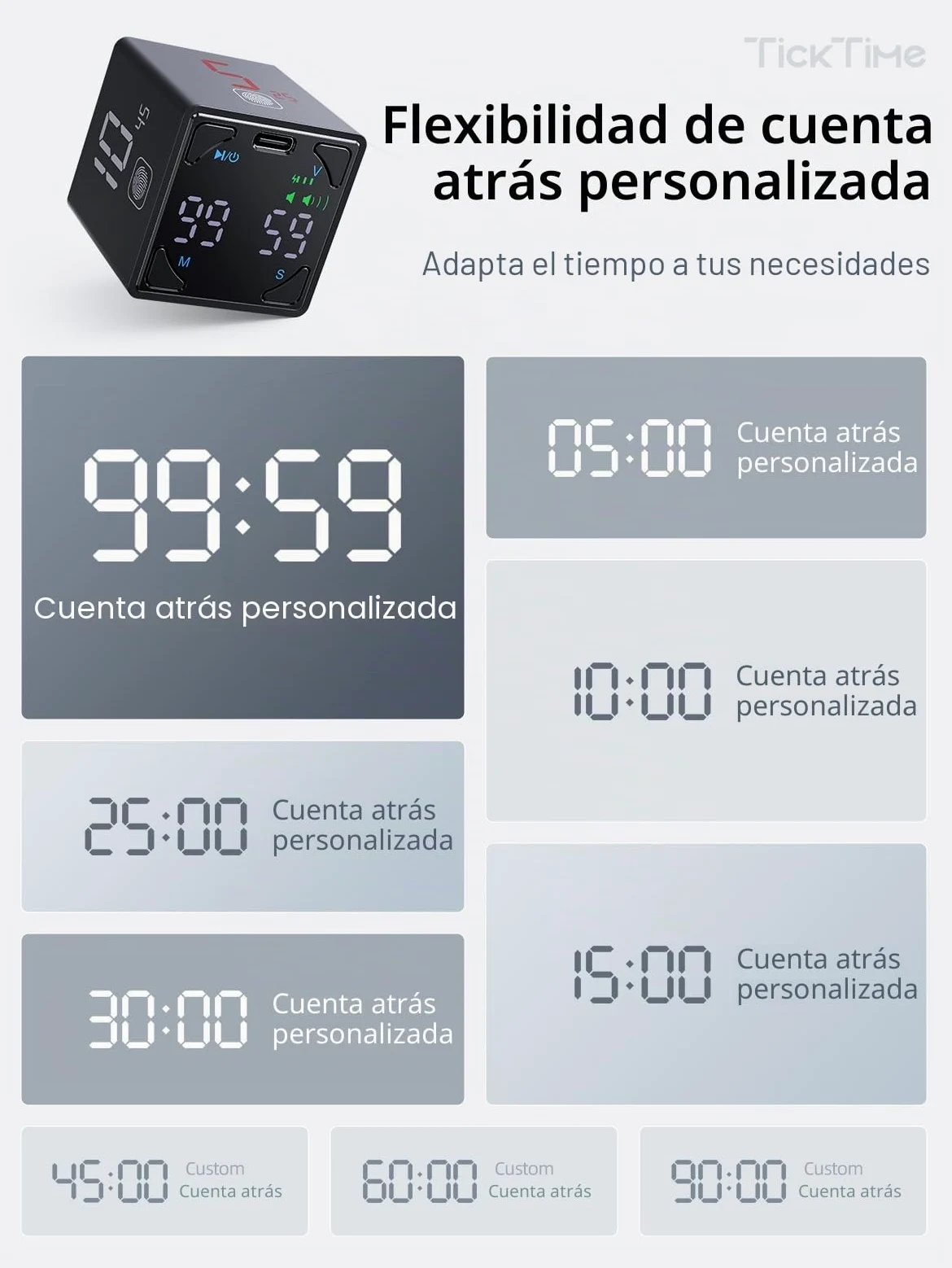 Ticktime Pomodoro Timer para Enfoque, Estudio, Trabajo, Tareas, TDAH,Cocina | Timer Pomodoro, Flip 1/3/5/10/15/25/45/60 min Countdown, Timer y Cronómetro, Pantalla Clara, 3 Avisos, Flip Pausa y Reanuda
