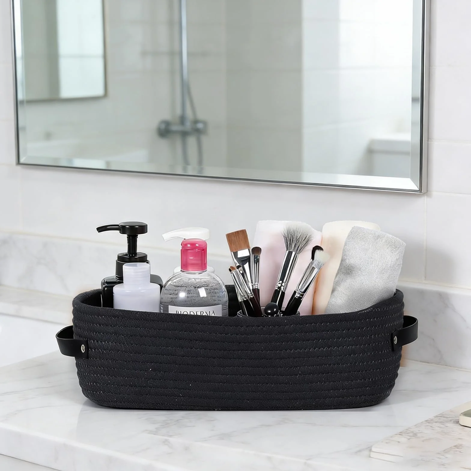 Cestas Almacenaje Baño Algodón 33x15x10 cm Negro Trenzada Organizadoras