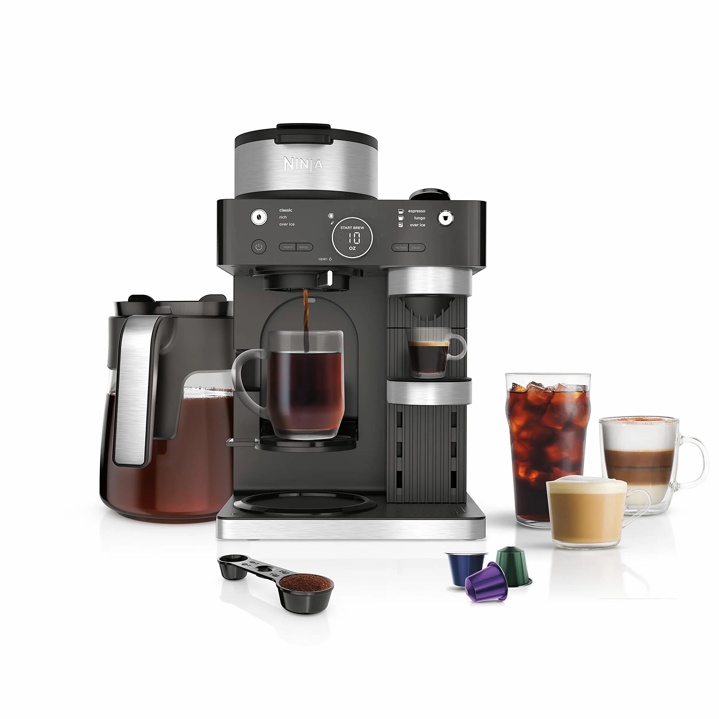 Ninja CFN601 Espresso & Coffee Barista System, 3 estilos de preparación de espresso, compatible con café de una sola porción y cápsulas Nespresso, jarra de 12 tazas, espumador integrado, máquina de