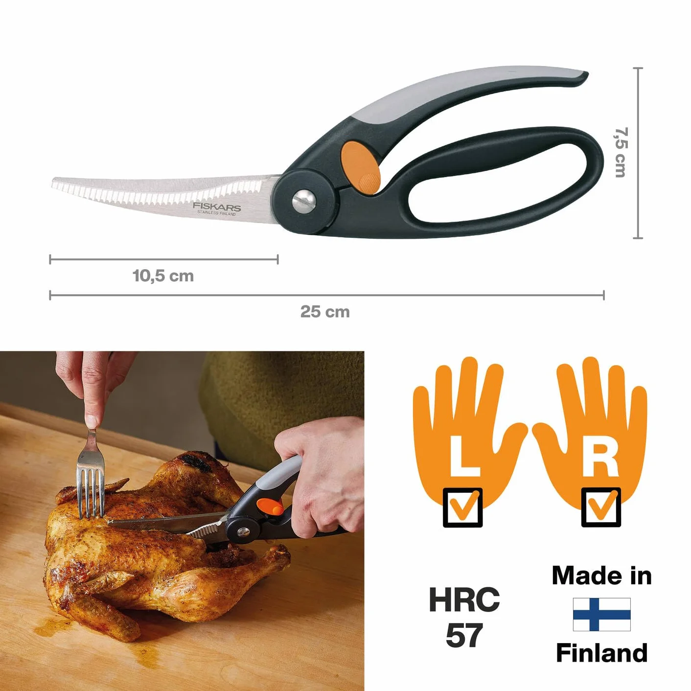 Fiskars Tijeras para aves, Longitud total: 25 cm, Acero de calidad/Plástico, Functional Form, 1003033