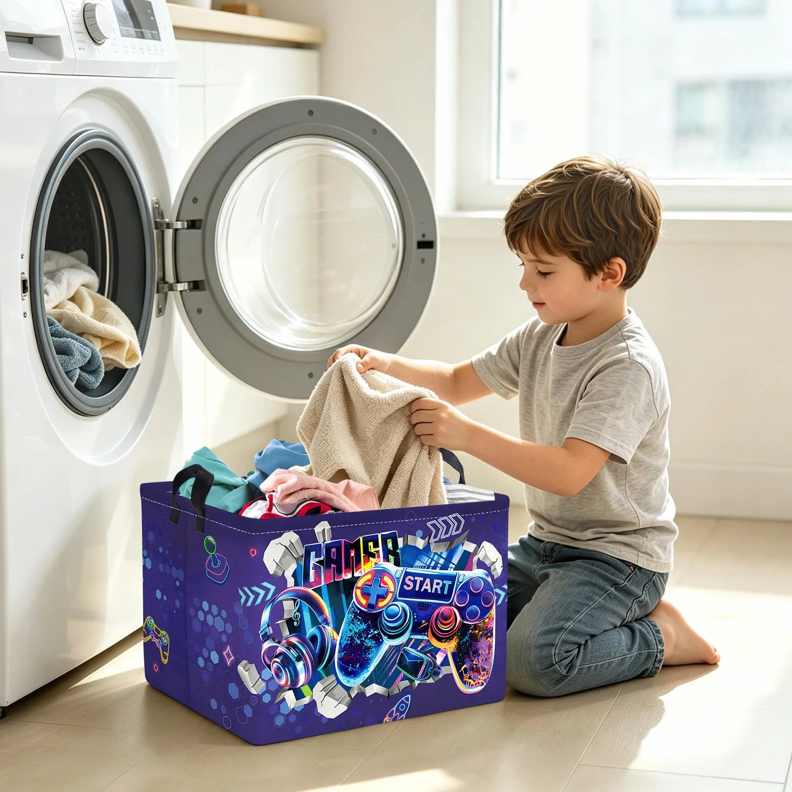Clastyle Cestos Almacenaje Juego de Aventuras Cesta Ropa Sucia Plegable para Habitación Bebé Dormitorio Cajas de Almacenaje Juguetes para Chico Chica, Púrpura 3D, 40x30x30 cm