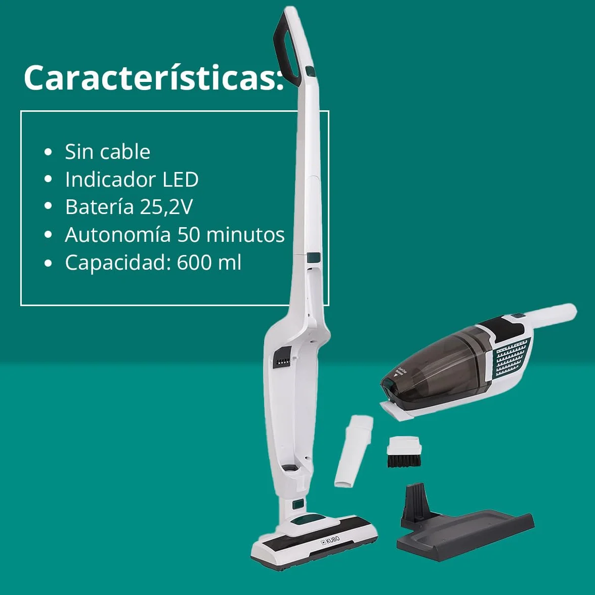 KUBO Aspirador Vertical sin Cable 2 en 1, 3 Accesorios Integrados, 50 Minutos de autonomía, 600ml