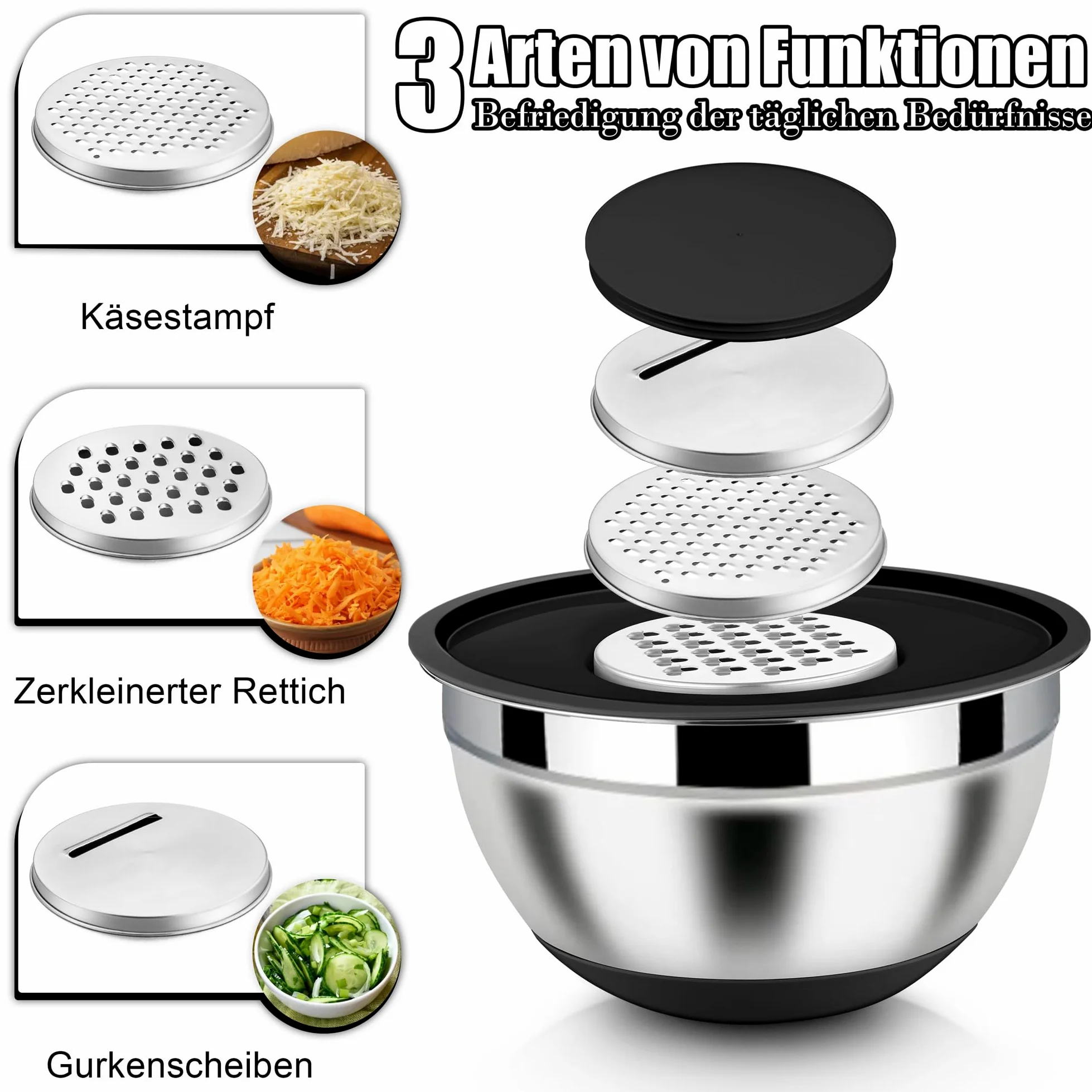 Homikit Juego de 6 cuencos para mezclar, acero inoxidable, color negro, ensaladera con 3 accesorios para mezclar y mezclar, tapa hermética y base de silicona, 4,6 l, 2,8 l, 2,5 l, 1,6 l, 1,2 l, 0,7 l,