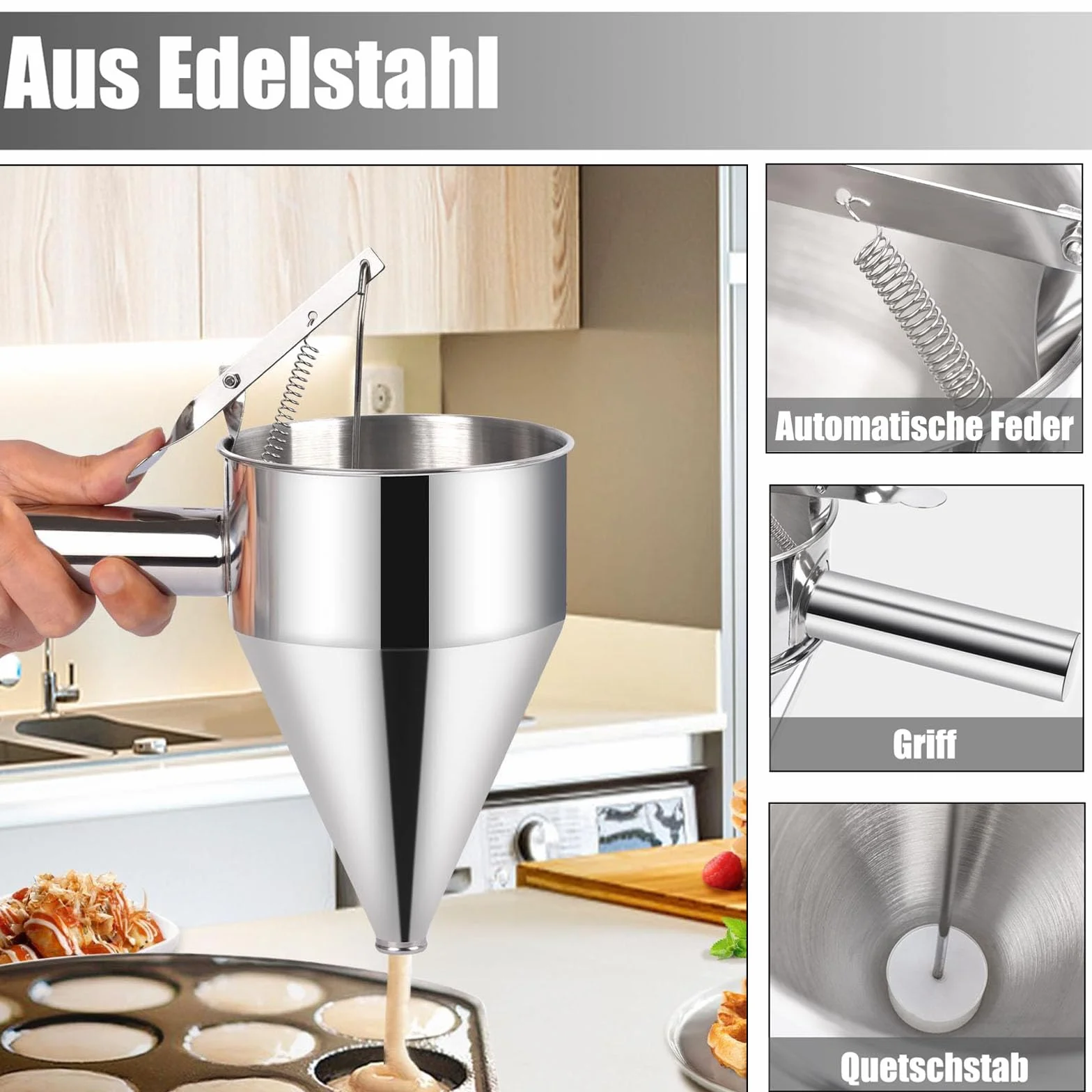 Acero Inoxidable Dispensador de Masa 1200ml, Dosificador de Masa para Panqueques, Dispensador de Masa con Soporte, Soporte y 4 Boquillas Diferentes para Panqueques