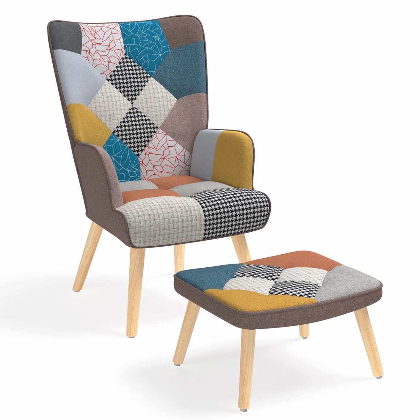 IDMarket - Sillón escandinavo Ivar con reposapiés, tejido de retales multicolor
