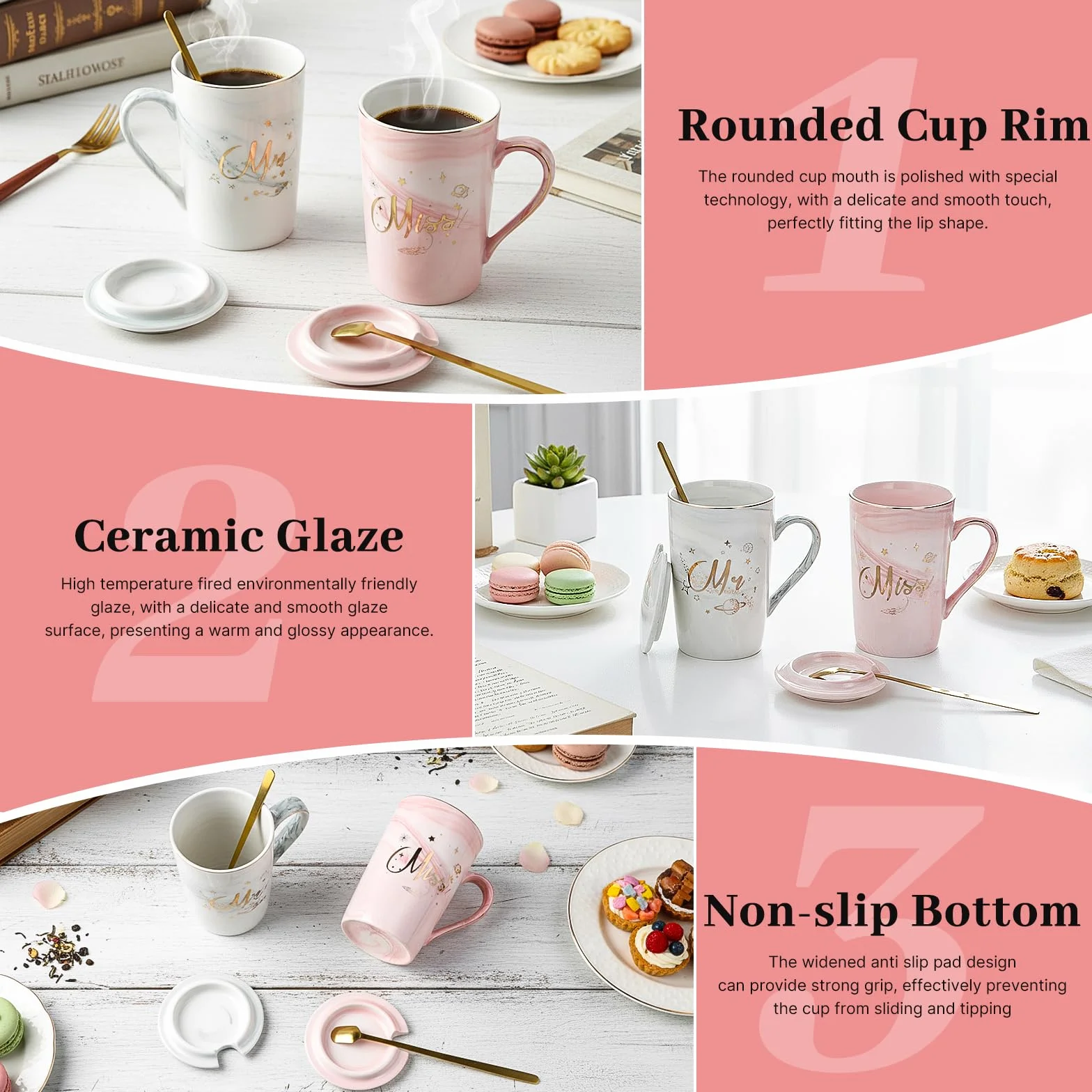 2Pcs Sr. y La Sra. Tazas De Regalo,Mr y Mrs Set de Tazas de Café,400ml Taza de Cerámica con Patrón de Mármol,con Tapa y Cuchara,Caja de Regalo,para Aniversario de Boda,Parejas Casadas